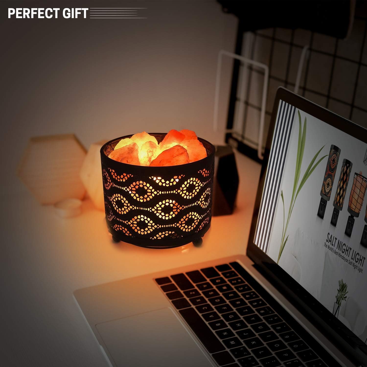 Himalayan Glow Natural Himalayan Lamp with Salt Chunks in Mosaic Design Metal Basket Night Light