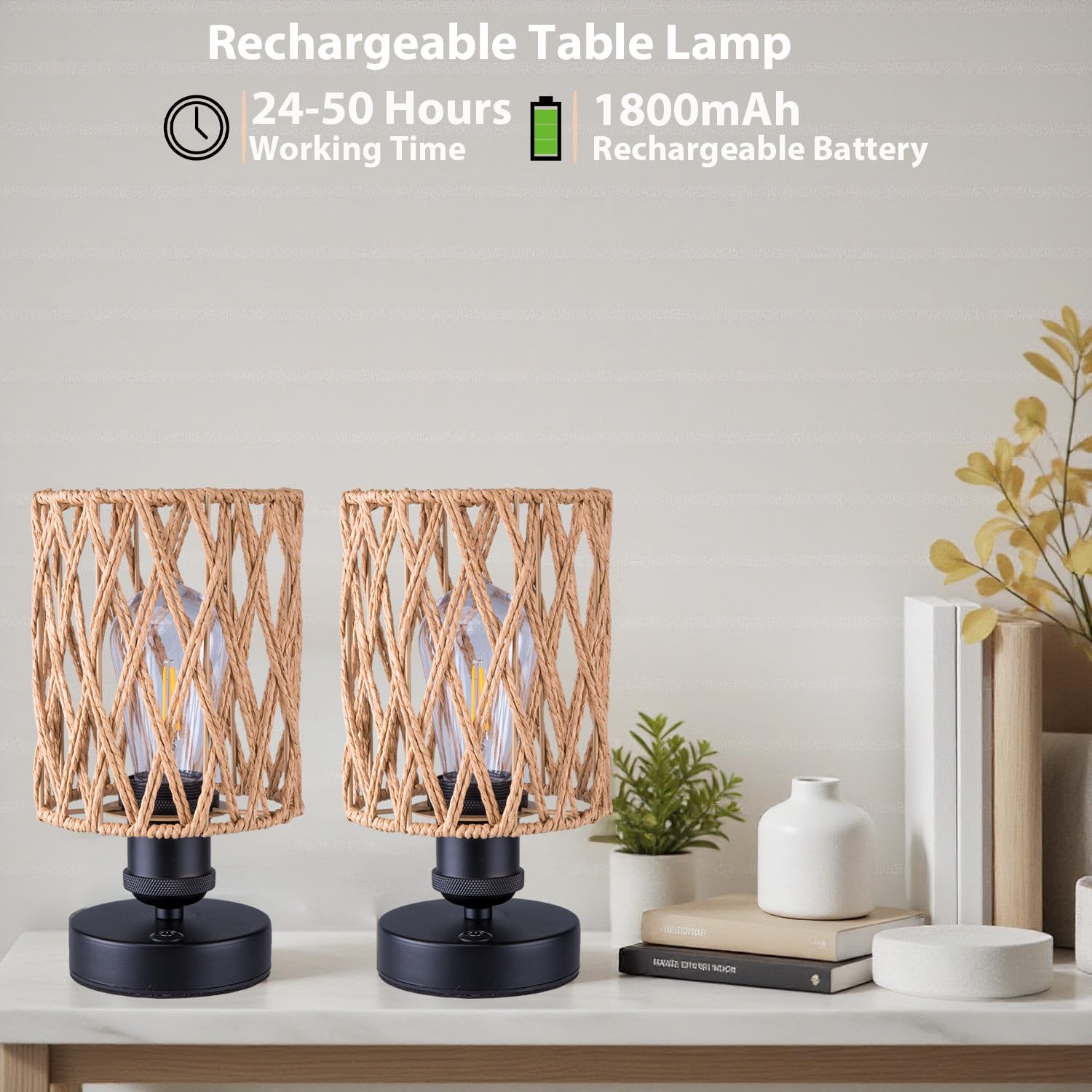 ALL FORTUNE Cordless Outdoor Table Lamps Set of 2, Rechargeable, Rattan Boho, Beige-A, Model KF130689