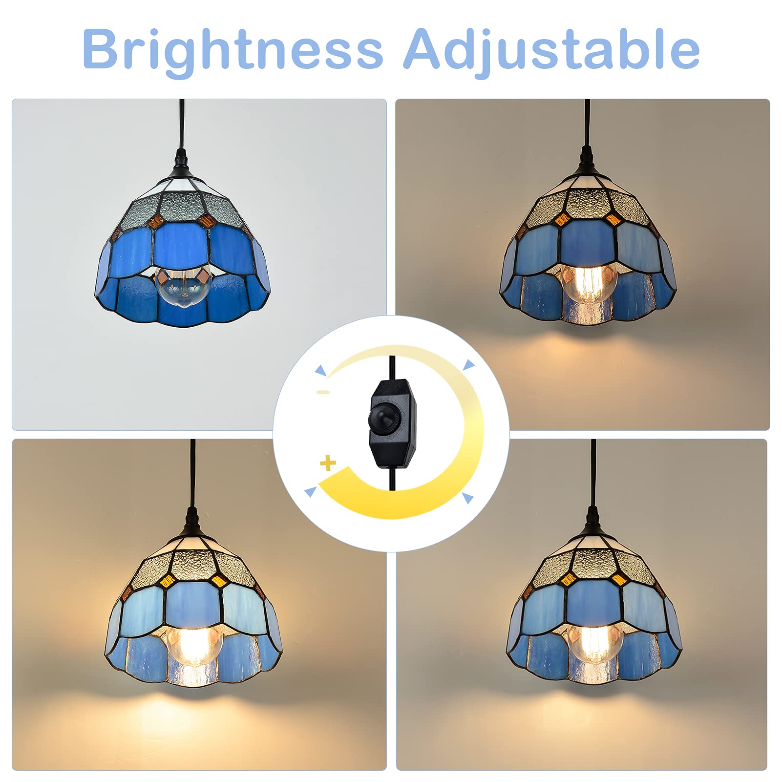 Stepeak Tiffany Style Mini Chandelier Pendant Light, 7.9in Width, Glass, Blue, Model 002, 16.4 Ft Cord, In-Line Dimmer Switch