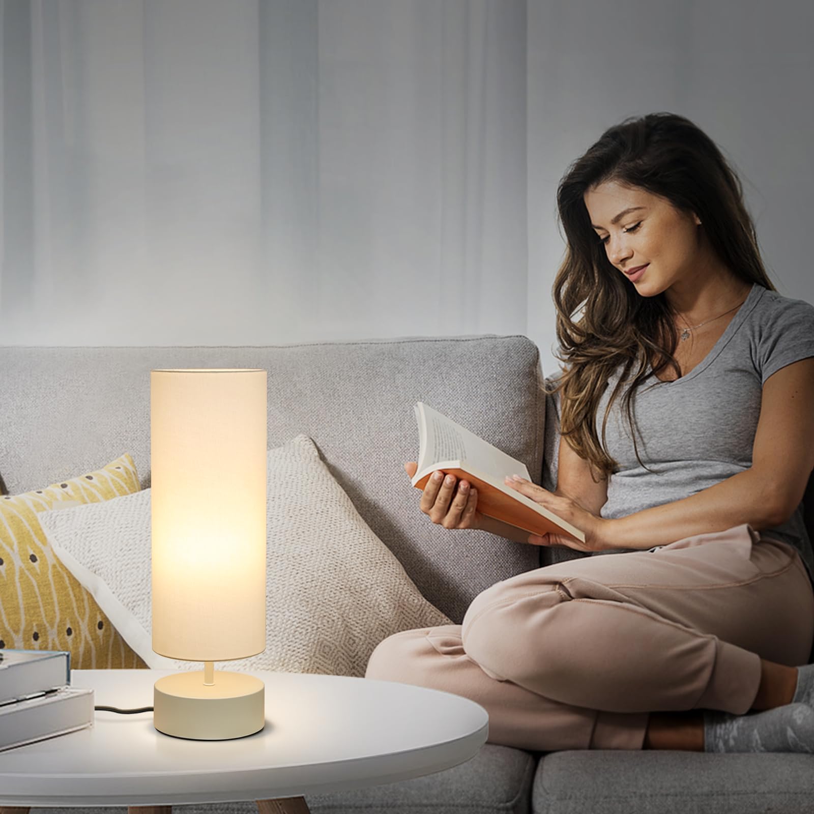 Touch Control Table Lamp, 3 Way Dimmable Bedside Table Lamp With Cream Base, Simple Nightstand Lamp With Beige Shade, Modern Nig