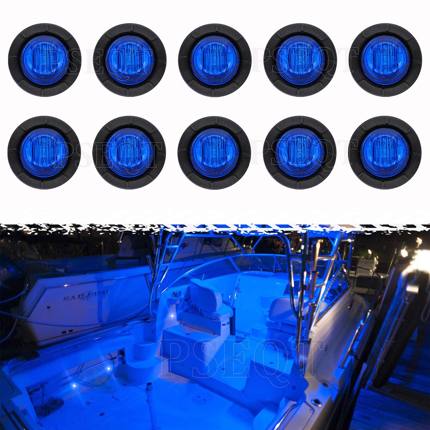 PSEQT LED Round Boat Interior Deck Light, Waterproof, Blue, 1in  x 1in  x 0.83in , Model PSEQTXA004B, 10 Pcs