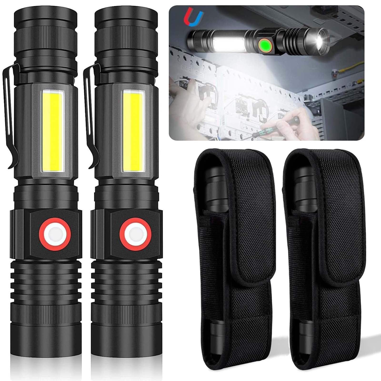 USB Rechargeable Flashlight, Magnetic LED Flashlight, 2000 Lumen Super Bright LED Tactical Flashlight with Cob Worklight,Waterpr