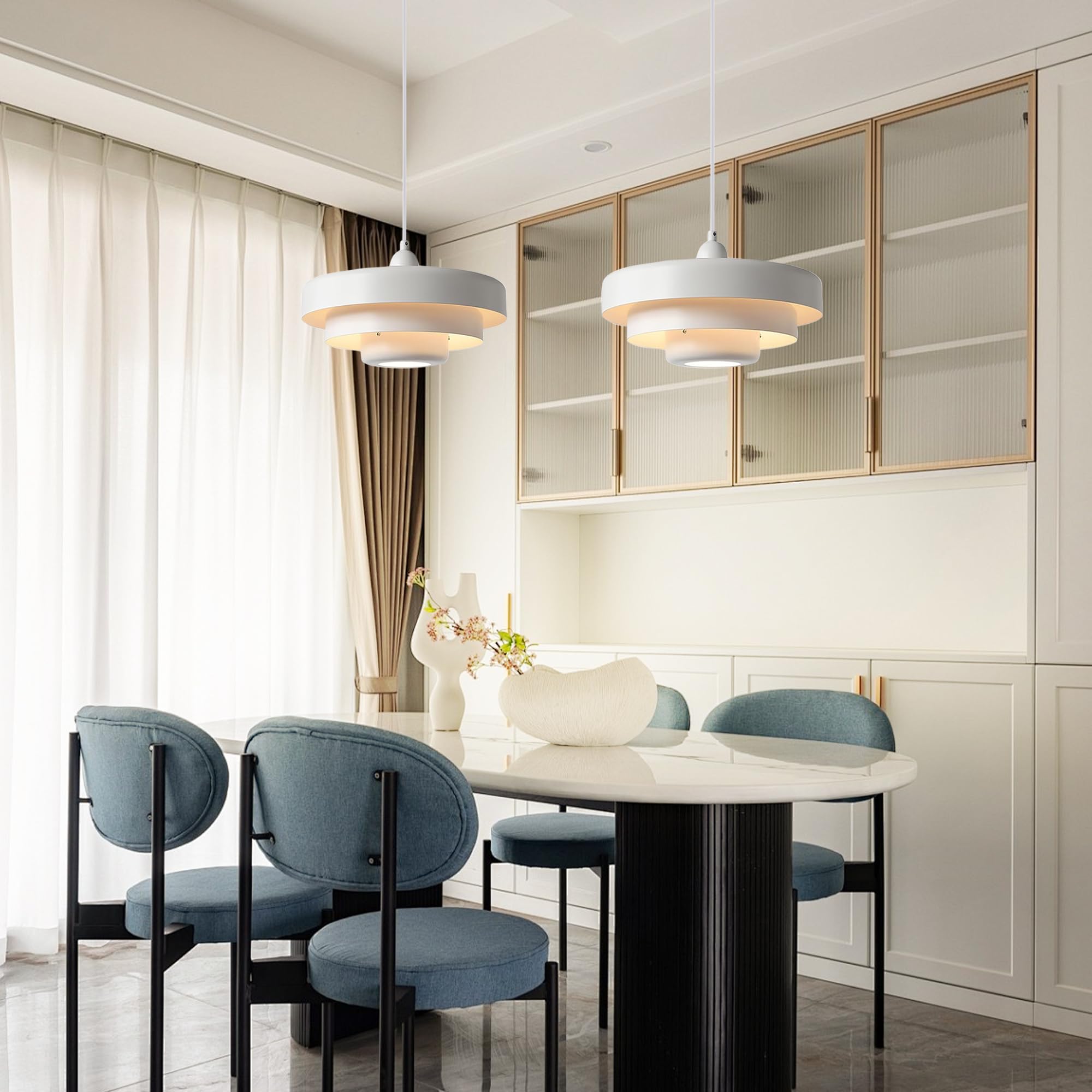 DoungRos Mid Century Modern White Pendant Lamp DR011 - Metal Shade Hanging Light for Living Room, Dining Room, Kitchen Island