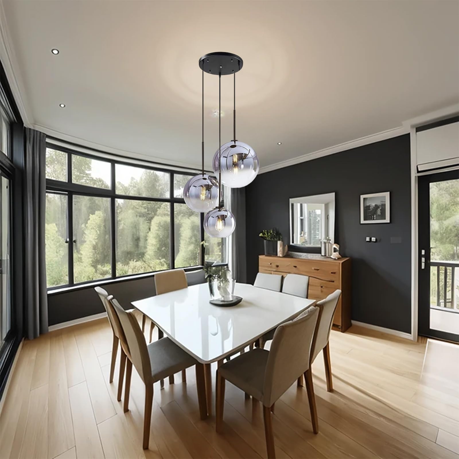 MZStech H XD GLOBAL 3-Light Globe Pendant Light, Silver Glass Chandelier for Kitchen Island, 35cm