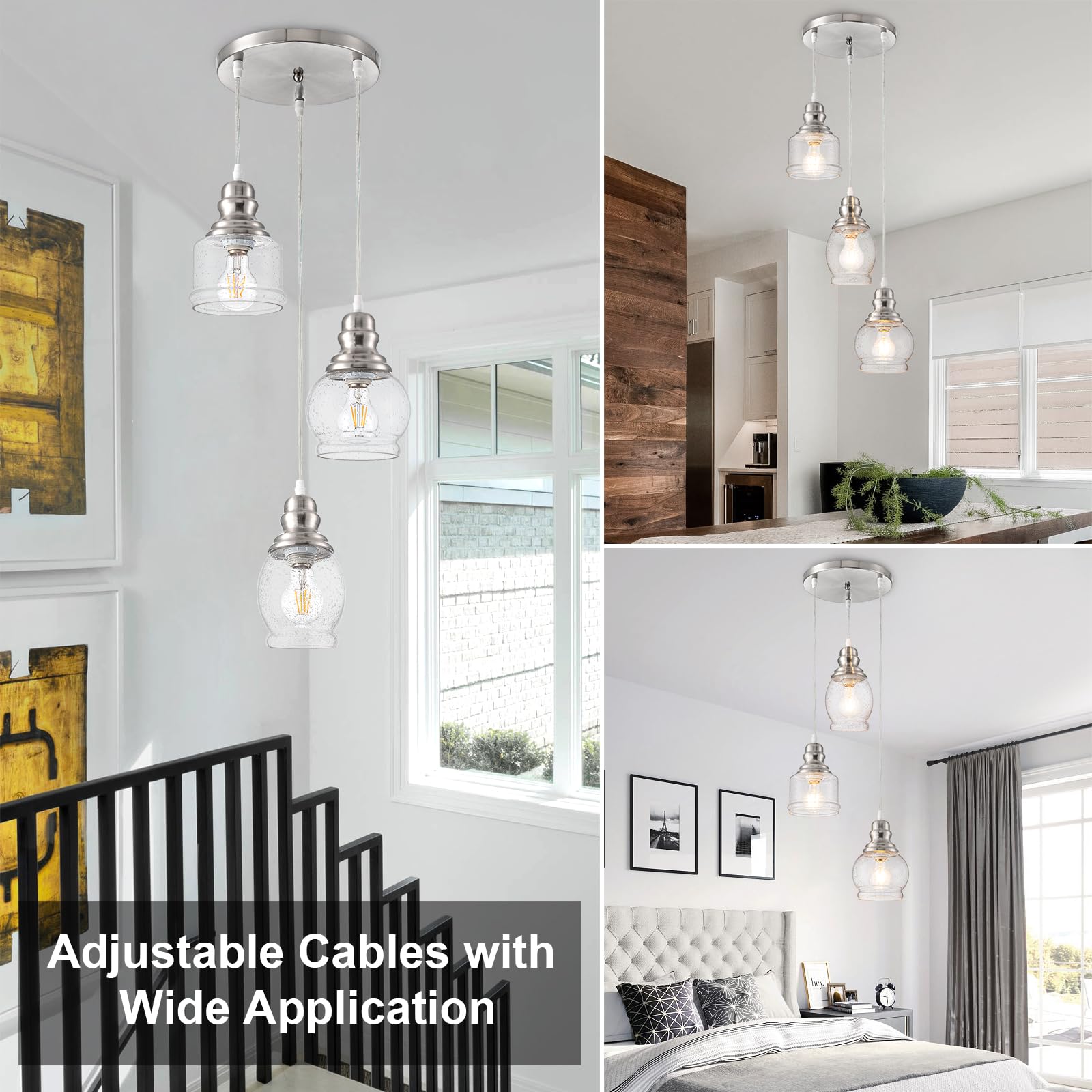 Wilon Dining Room Light Fixture, 3 Light Pendant Light Fixtures Kitchen Island Pendant Lighting, Cluster Pendant Light With Seed