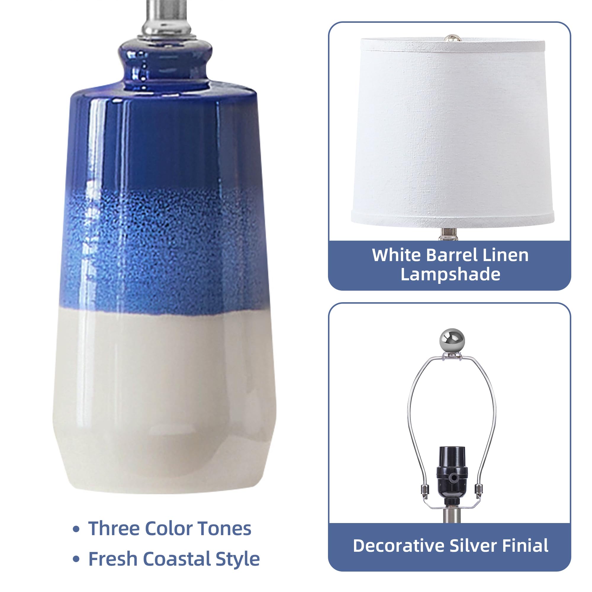 EUO Ceramic Blue Table Lamps Set of 2, 20.5" Coastal Design with White Barrel Shades, Navy Blue, Model TL2PK-009-BU