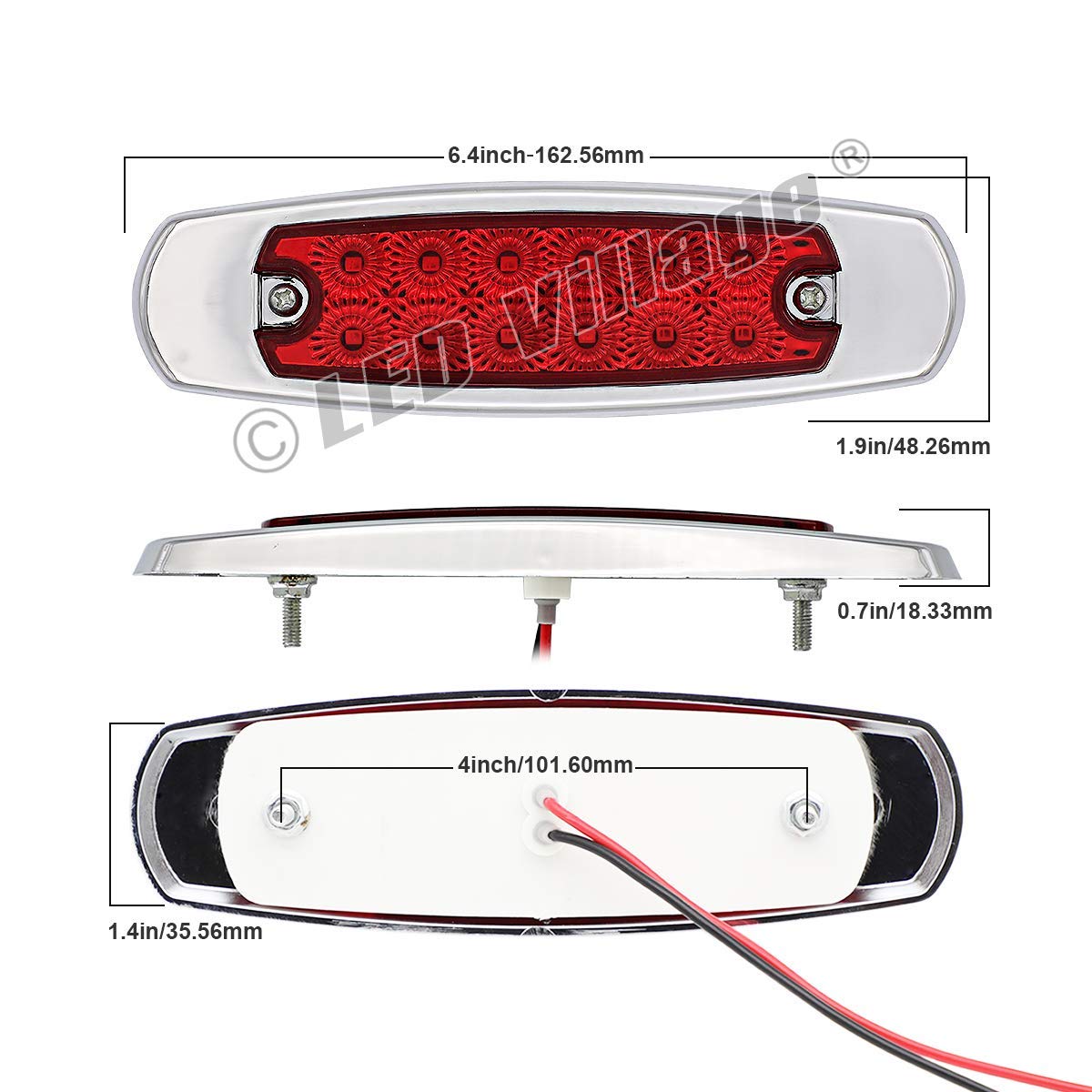 Ledvillage 20 Pcs 6.4 Inch Slim Red Led Rectangle Side Marker Fender Light W/Chrome Stop Parking Brake Signal Lamp For Heavy Dut