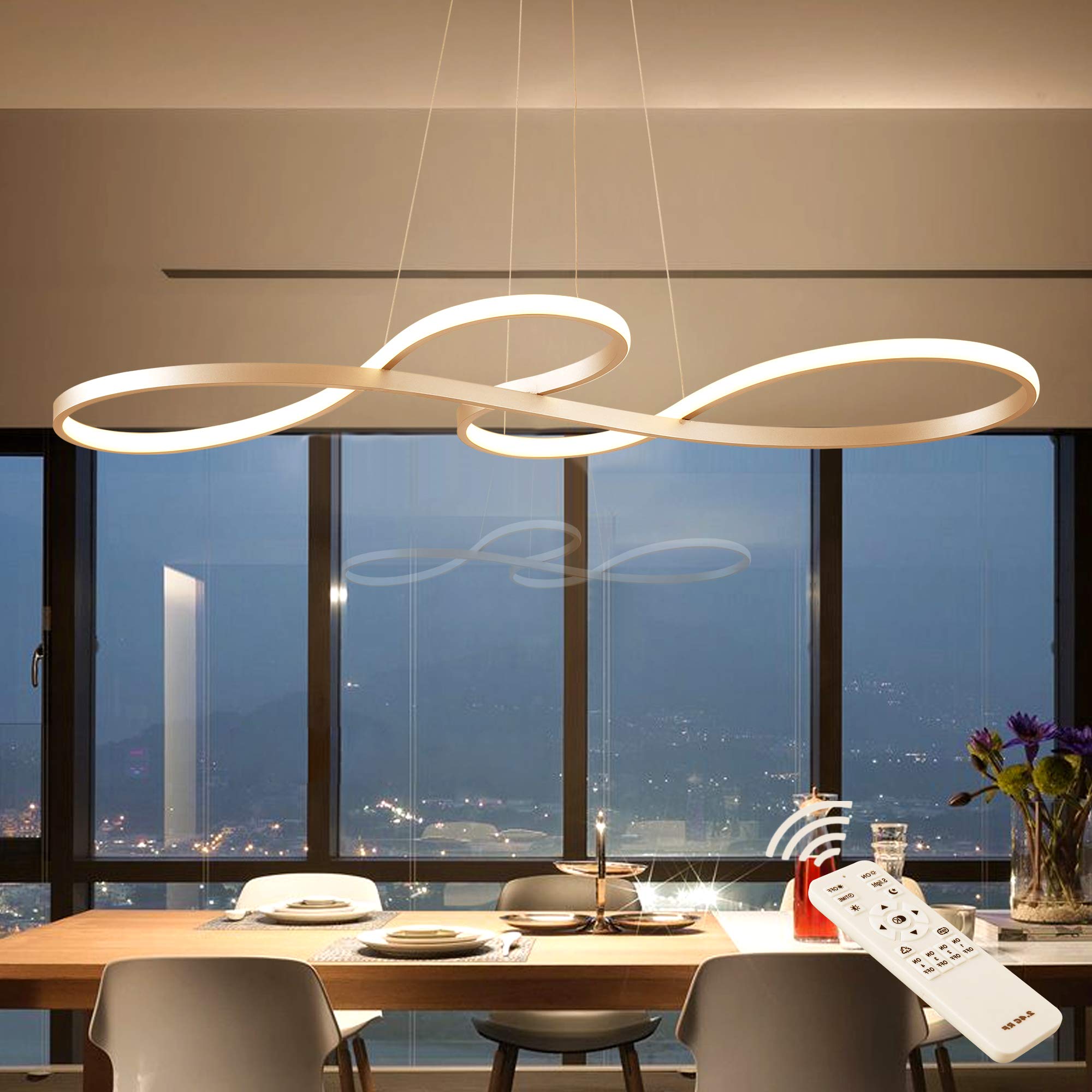 SUNMOO Modern LED Chandelier, Dimmable 60W, Remote Control, Adjustable Color/Brightness 3000-6000K, Silver, for Dining Room, Bedroom, Kitchen