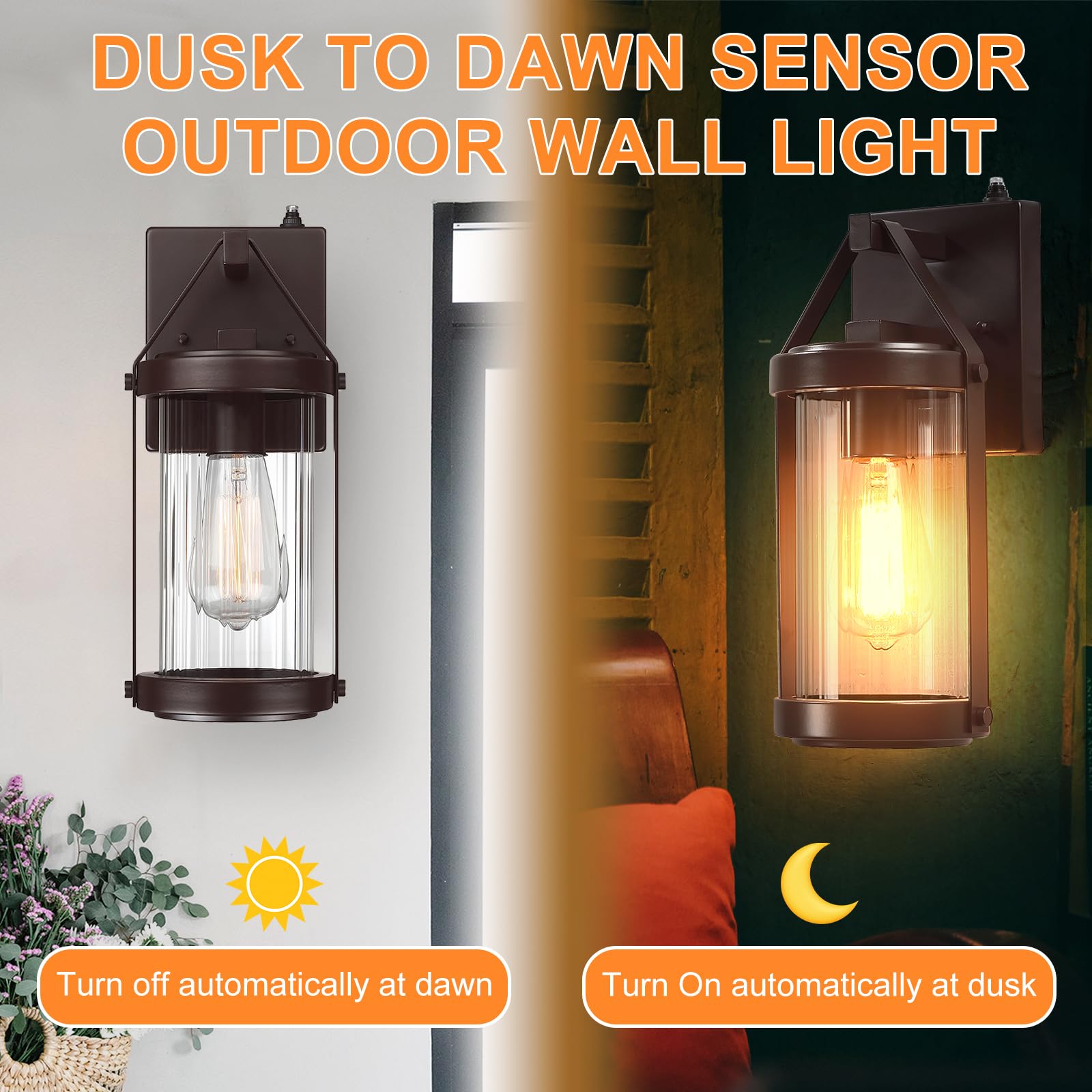 LONEDRUID Outdoor Wall Sconce Lighting - 2 Pack Dusk to Dawn Sensor, Waterproof, Rustic Brown Fixtures for Porch, Garage, Patio, Front Door