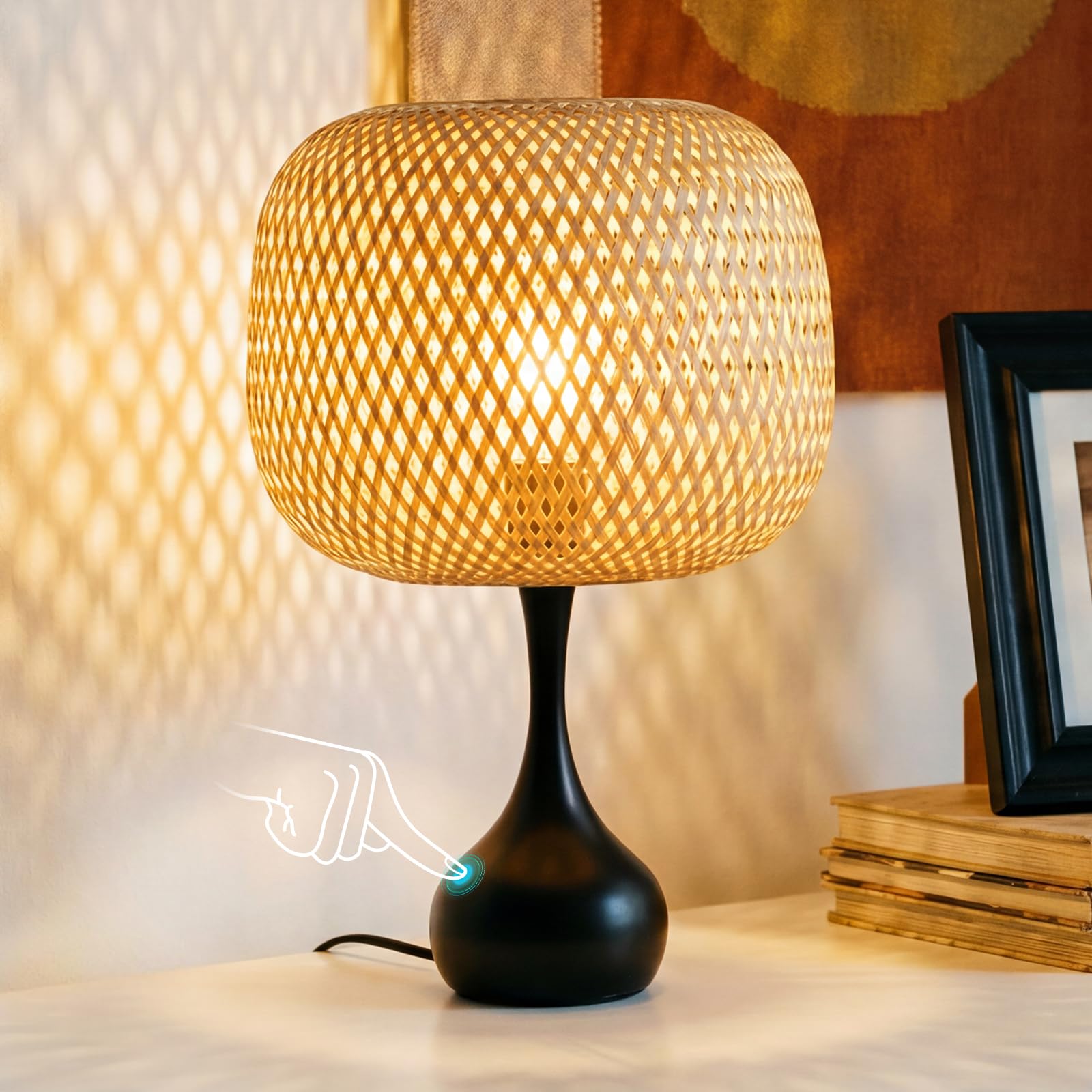 ONEWISH Touch Bedside Lamp for Bedroom, 3-Way Dimmable Table Lamps for Nightstand, Handwoven Bamboo Shade Desk Lamp for Living R