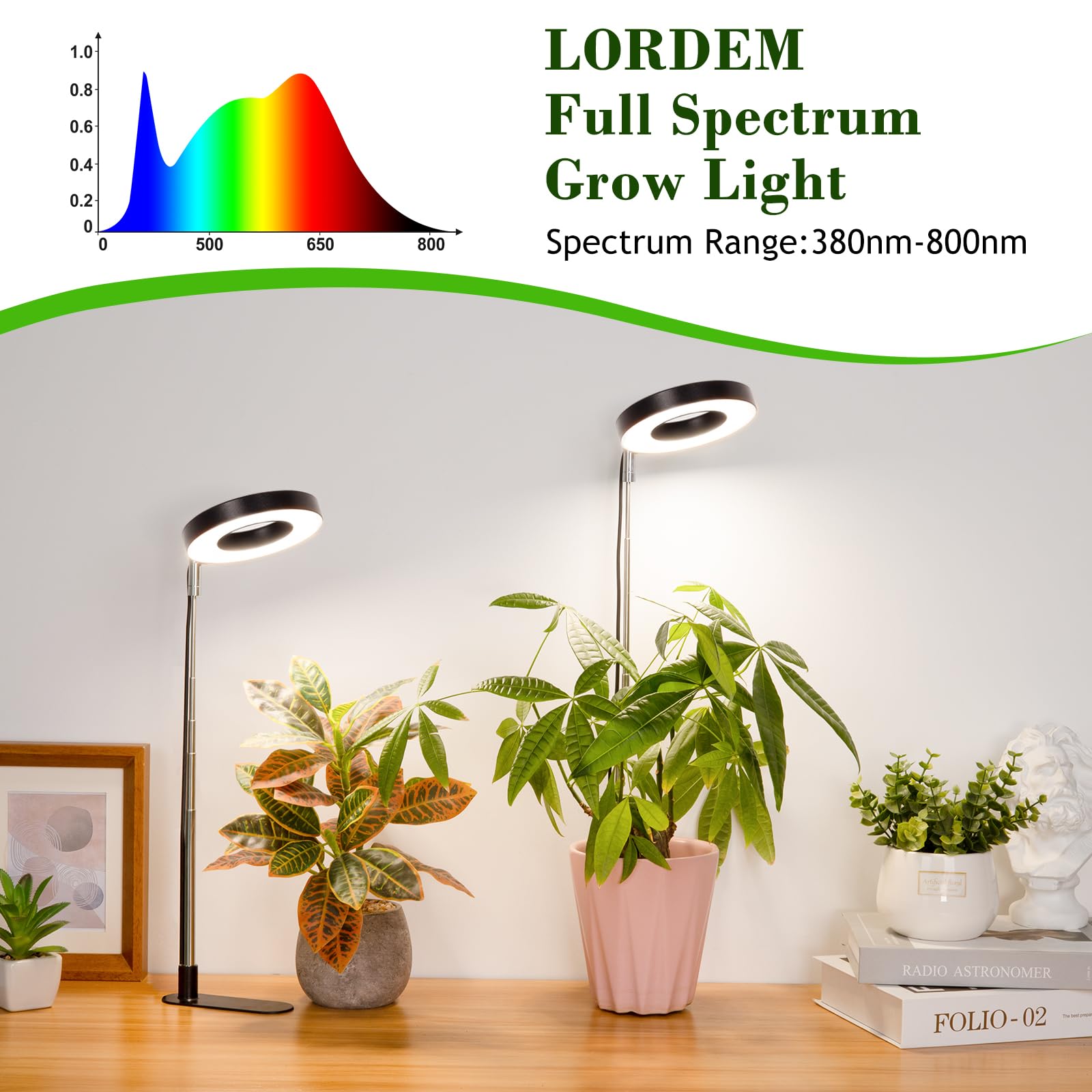 LORDEM Grow Light - 48 LEDs Full Spectrum Desk Lamp, 4 Dimmable Levels, Adjustable Height 7.8"-26", Black, Model A0134, 1 Pack