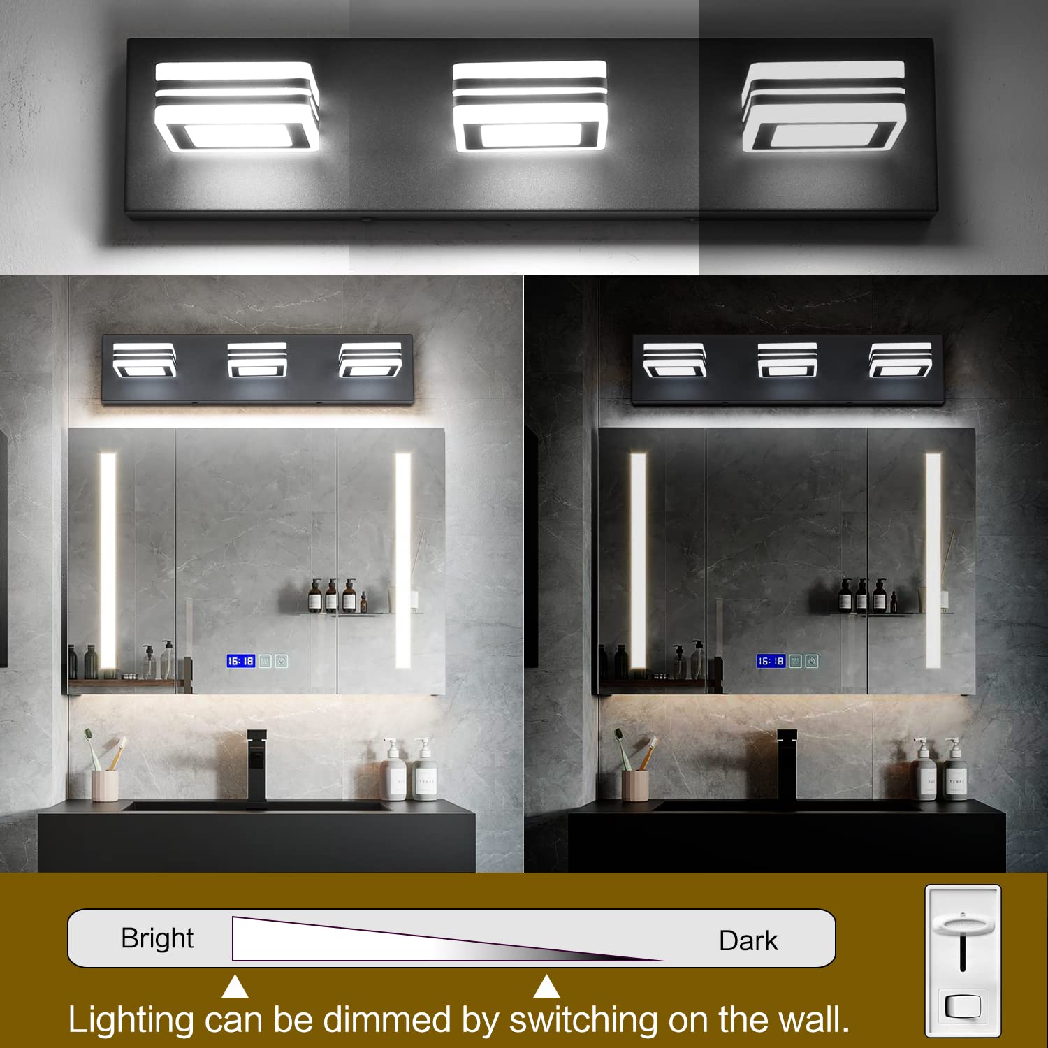 SOLFART 3 Light Bathroom Vanity Light Fixture Dimmable Modern Matt Black S9660-3T-BK