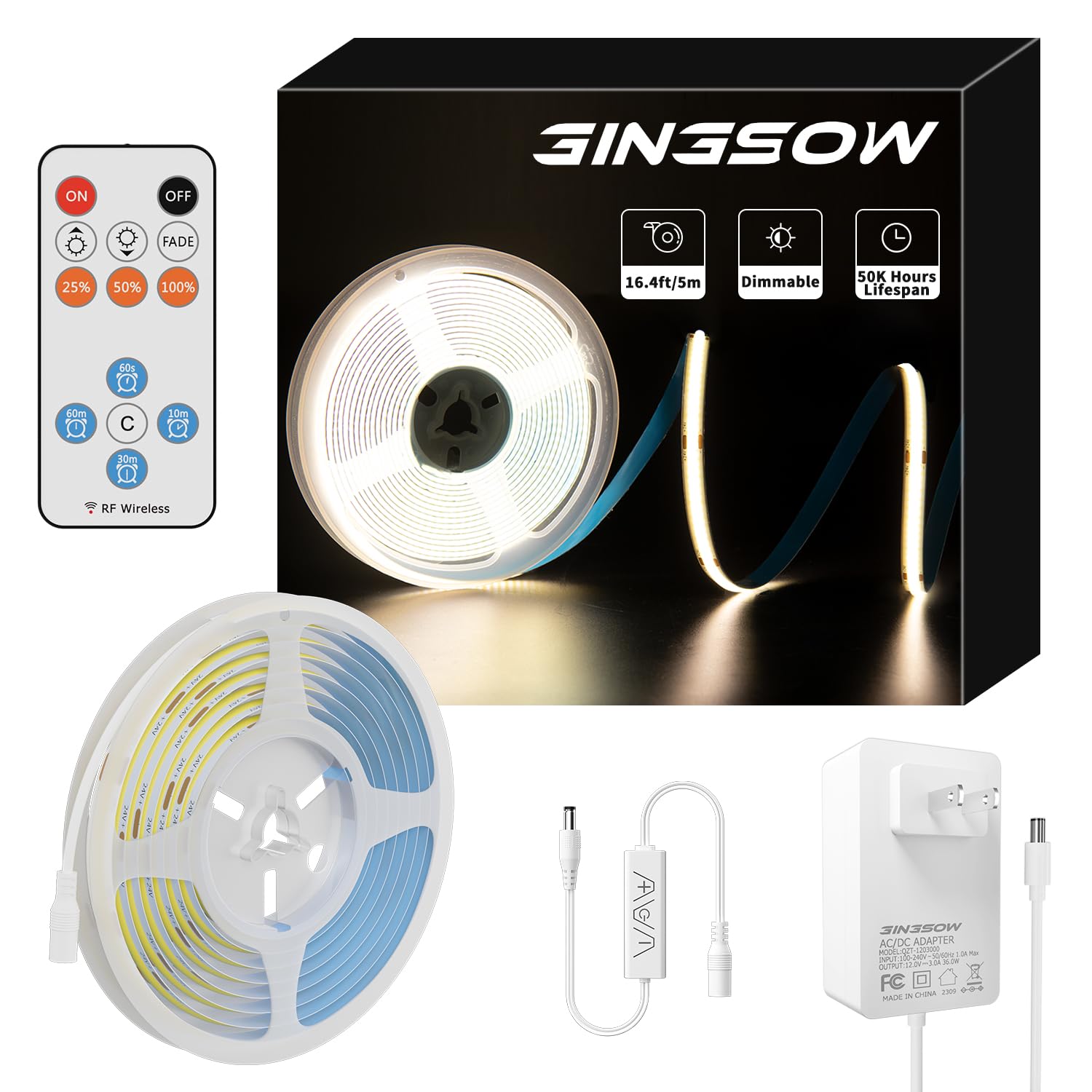 Gingsow COB LED Strip 12V 16.4ft 2400LEDs Natural White 4000K,CRI90+ Dimmable Super Bright Flexible LED Tape Lights with RF Dimm