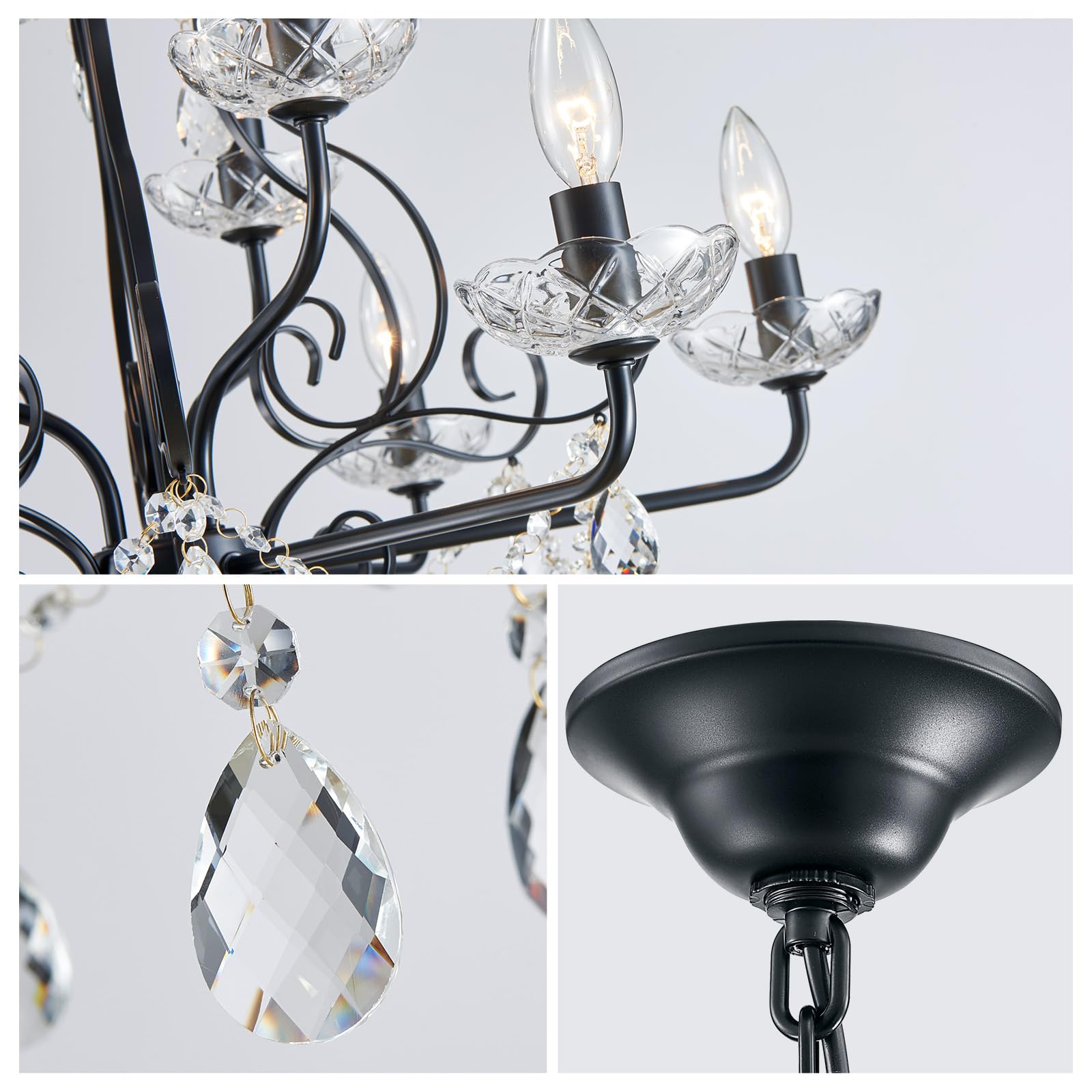 Wuzups 9-Light Crystal Candle Chandelier Pendant Flushmount Ceiling Light Modern Lighting Fixture For Bedroom Hallway Bar Kitchen Bathroom  H 18.1 X W 25.6  Black  E12 Base