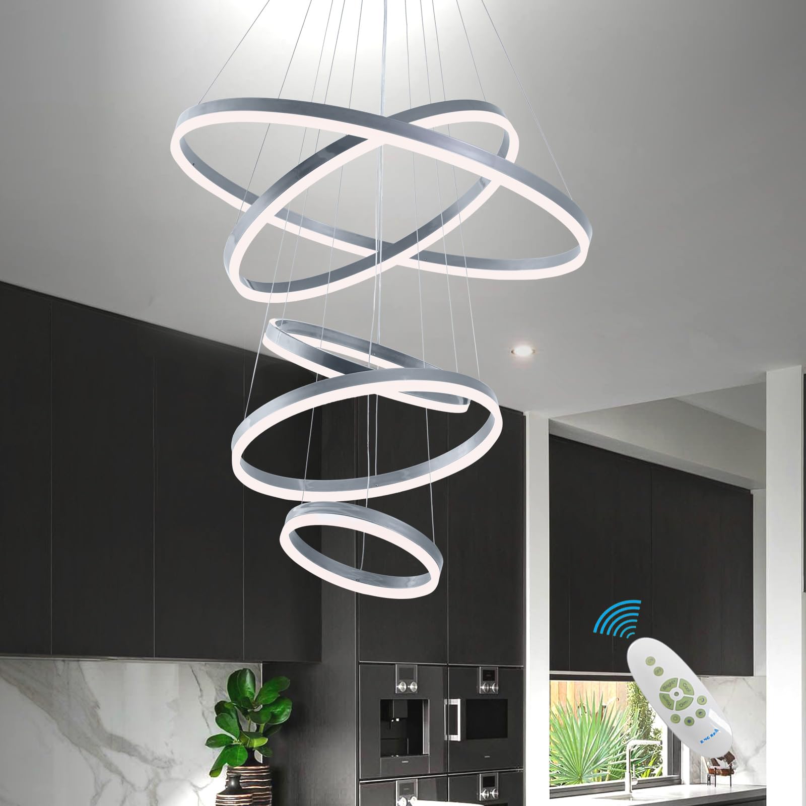 Modern Chandelier,Dimmable Modern Led Chandelier 5 Rings Chandelier For High Ceiling Dining Room Light Fixture,Contemporary Modern Led Pendant Light,High Ceiling Chandelier Light Fixture With Remote