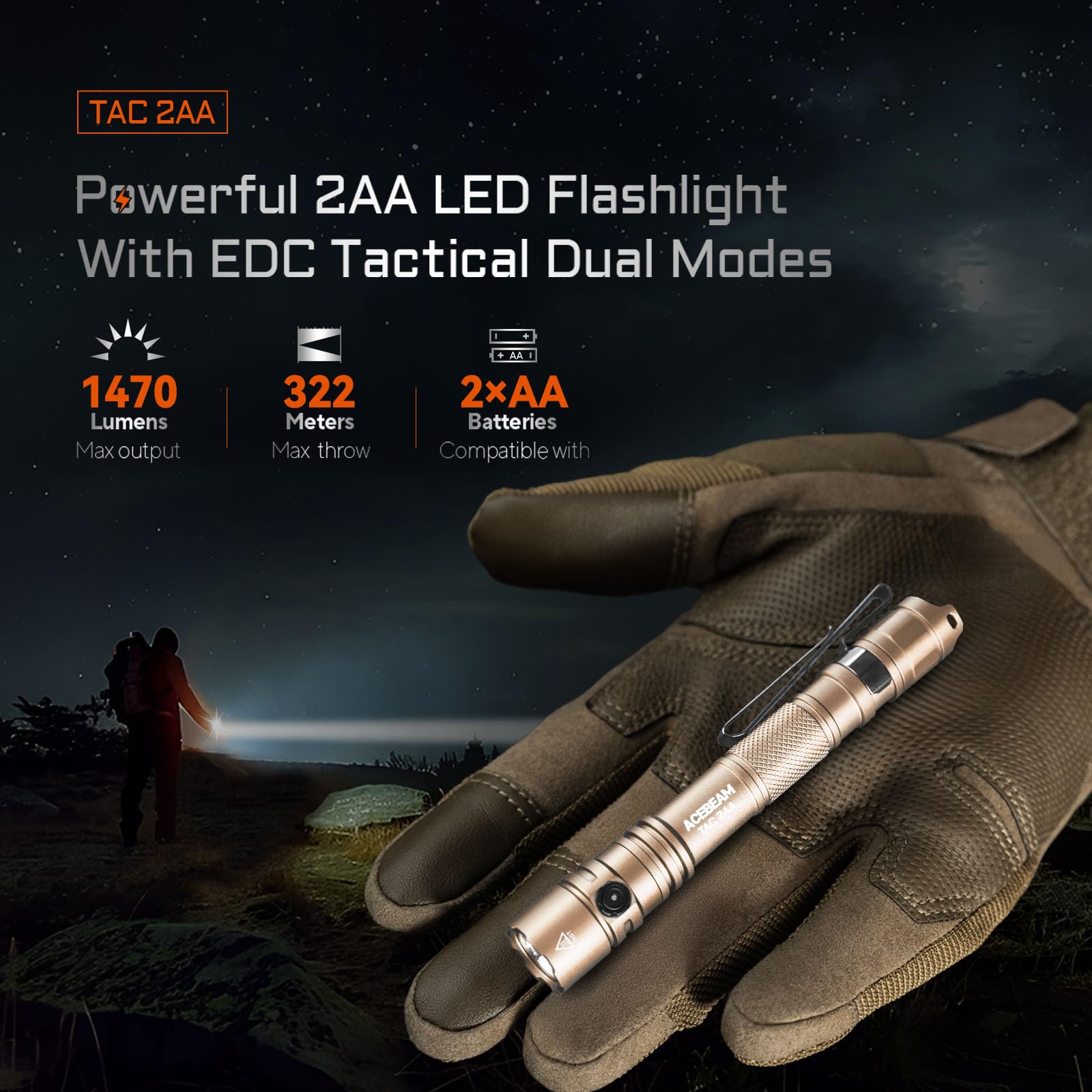 ACEBEAM TAC 2AA Tactical Flashlight - 1470 Lumens, Rechargeable, Aluminum, Desert 6500K, Dual Switch, Compact EDC Light for Camping & Emergencies
