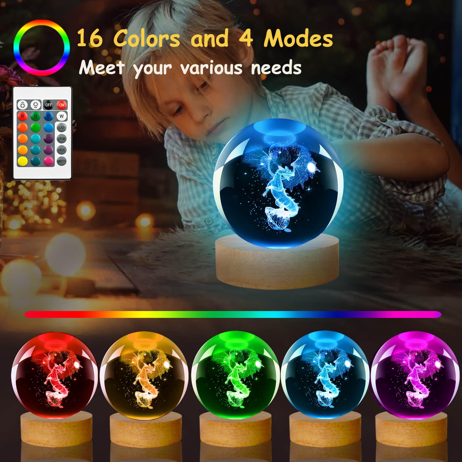 Linsina Dragon Lamp, 80Mm 16 Colors Crystal Ball Night Light With Wooden Base And Remote Control, Birthday Gift And Dragon Gifts