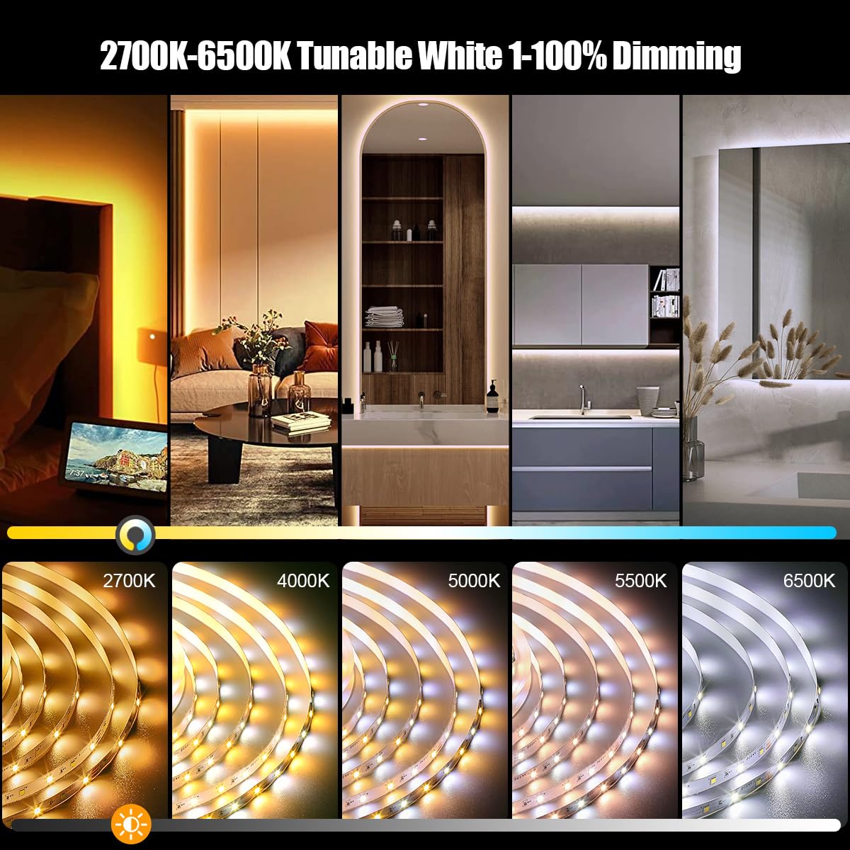 Wefomey White Led Strip Lights, 100Ft Dimmable Bright 24V Led Tape Light With Remote And App Control, 2700K-6500K White 1800 Led