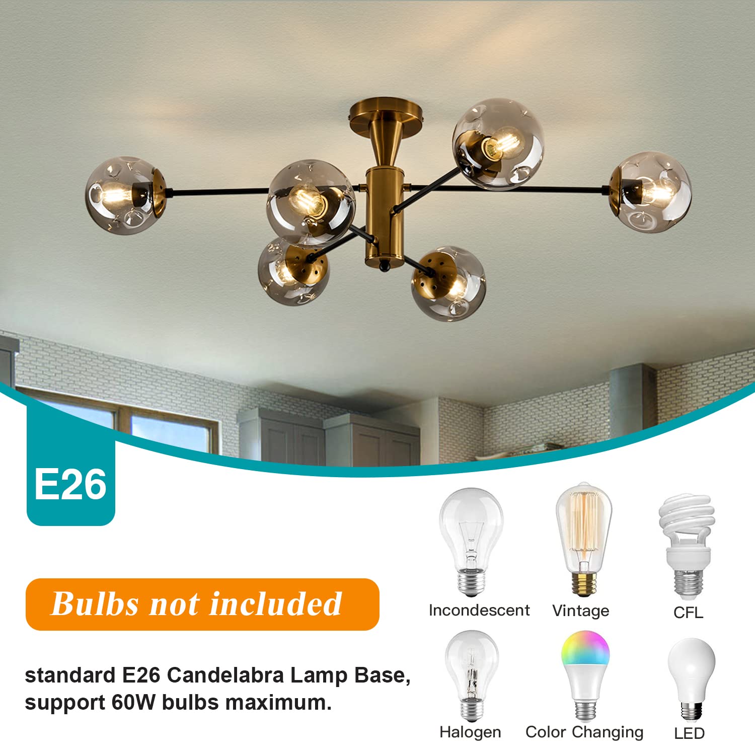 hesoge 6-Light Sputnik Gold Chandelier - Modern Semi Flush Mount Ceiling Light Fixture for Dining Room, Kitchen, Living Room