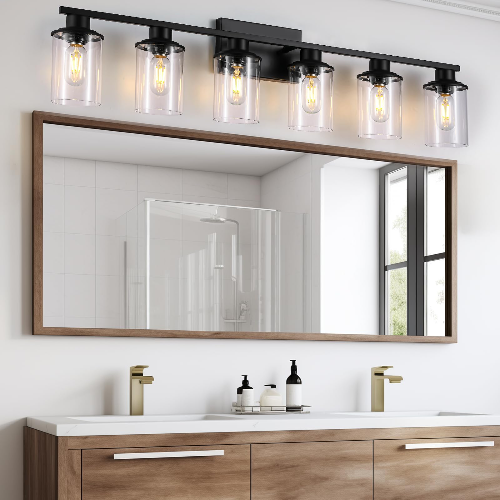 Lousace 6 Light Bathroom Vanity Light, Matte Black Bathroom Light Fixtures, Modern Bathroom Lights Over Mirror With Clear Glass Shade, Wall Sconce Lighting For Bathroom Bedroom Living Room