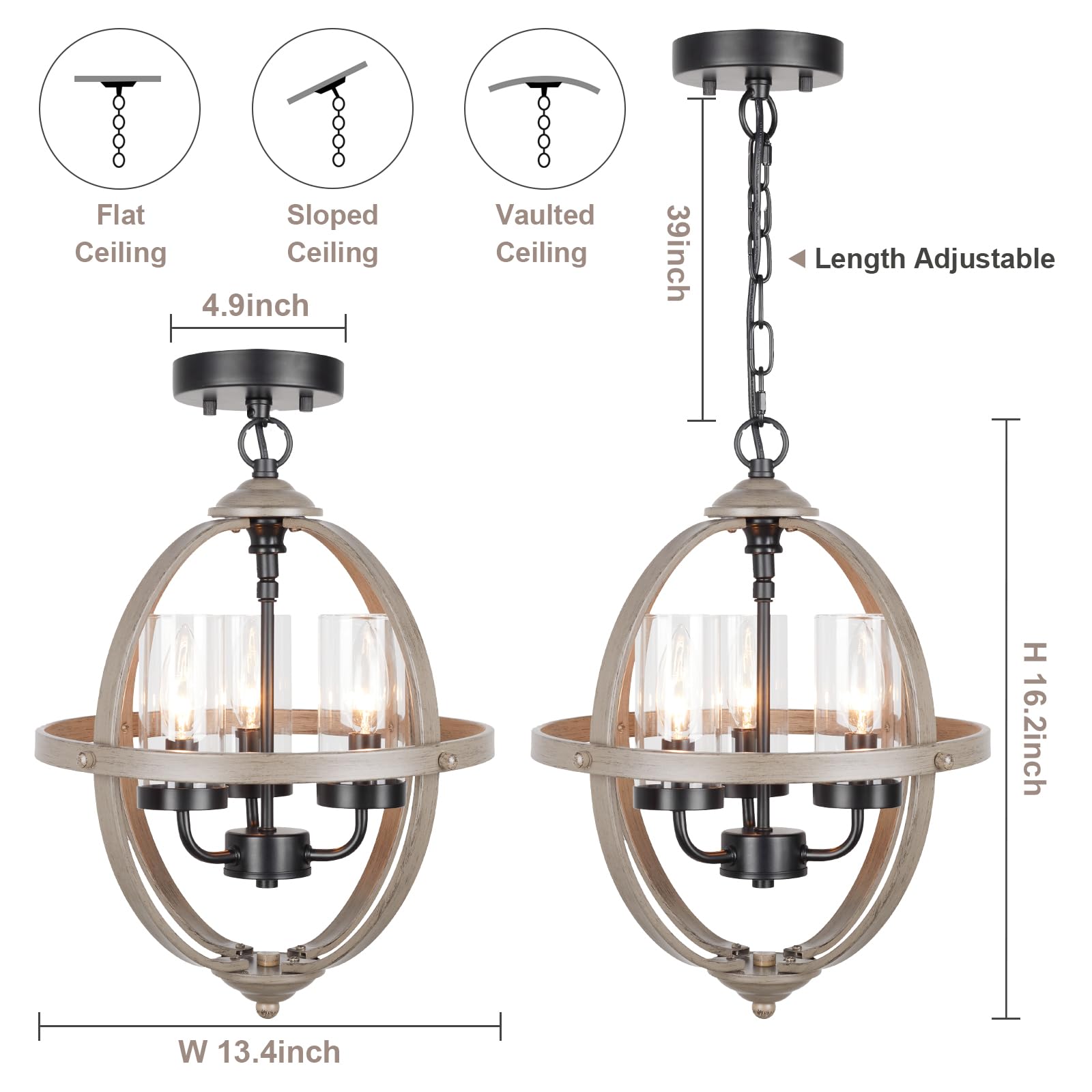 Farmhouse Chandelier, 14'' Industrial Rustic Globe Sphere Orb Chandelier Wood Grain, 3-Light For Dining Room Entryway Kitchen Is