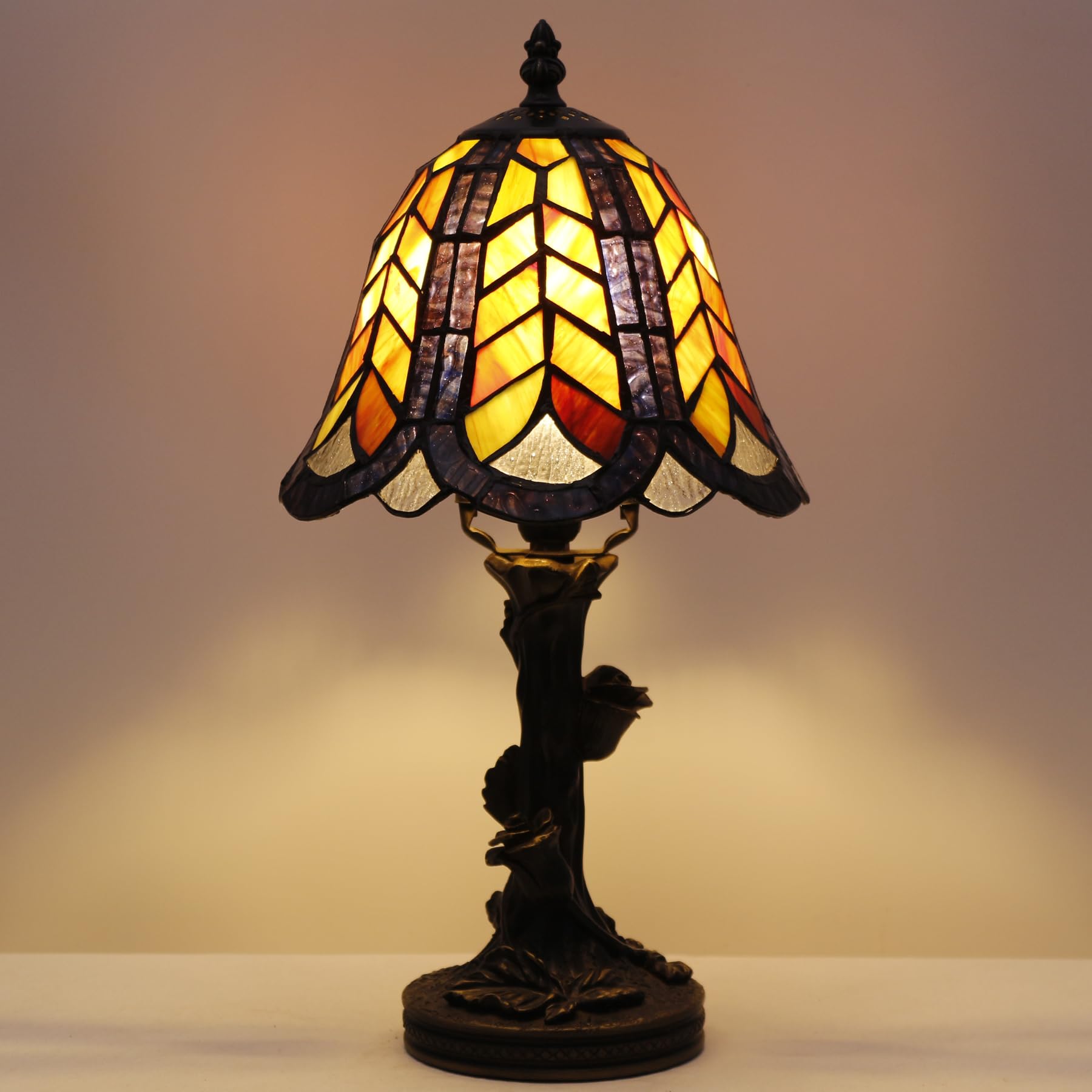 Avivadirect Small Tiffany Lamp Mini Purple Maple Leaf Stained Glass Table Lamp Desk Light 8X8X15.5 Inches With Resin Flower Bas