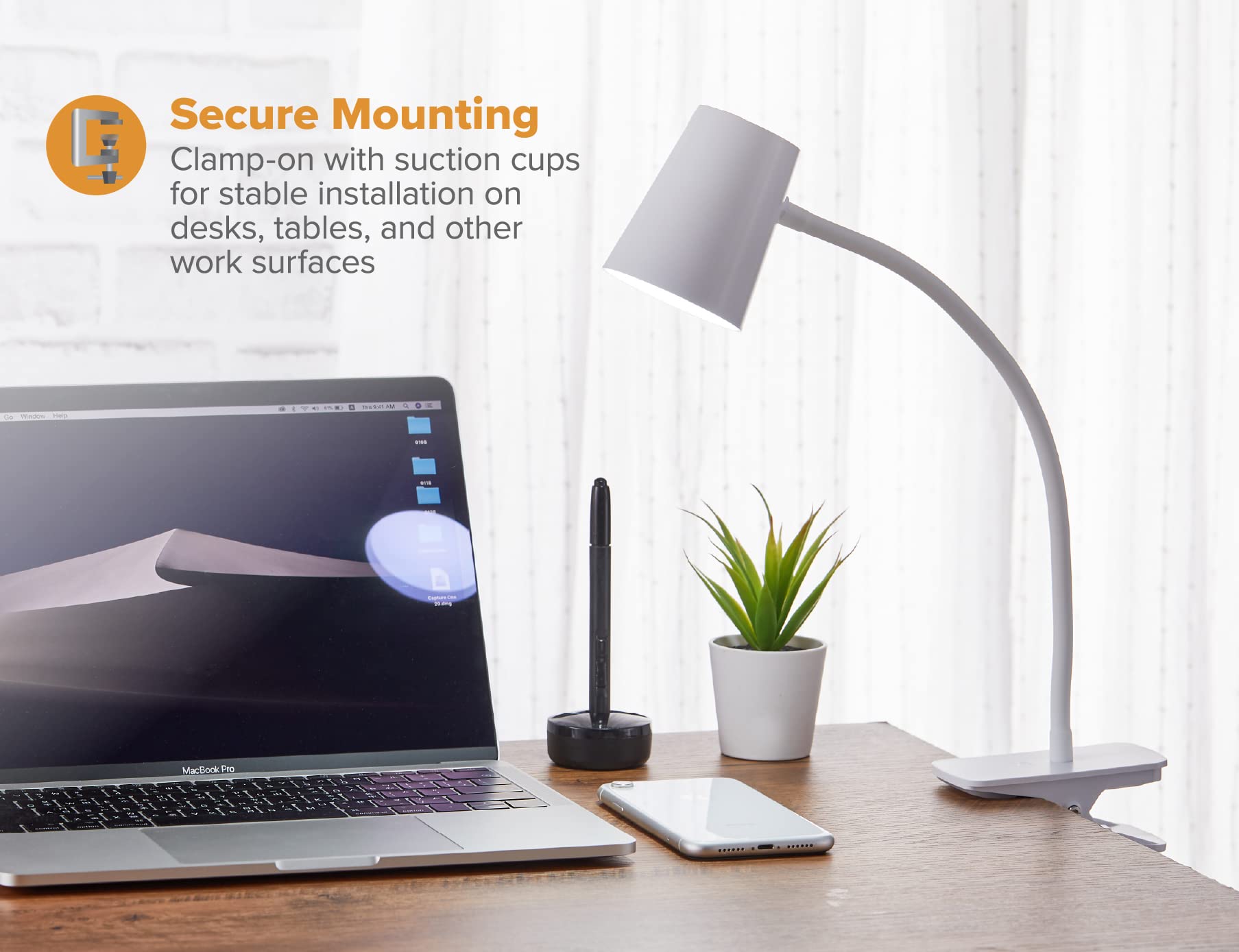 Bostitch Office LED Clamp Light, Adjustable & Flexible Neck, Flicker-Free, White, Model LED2103