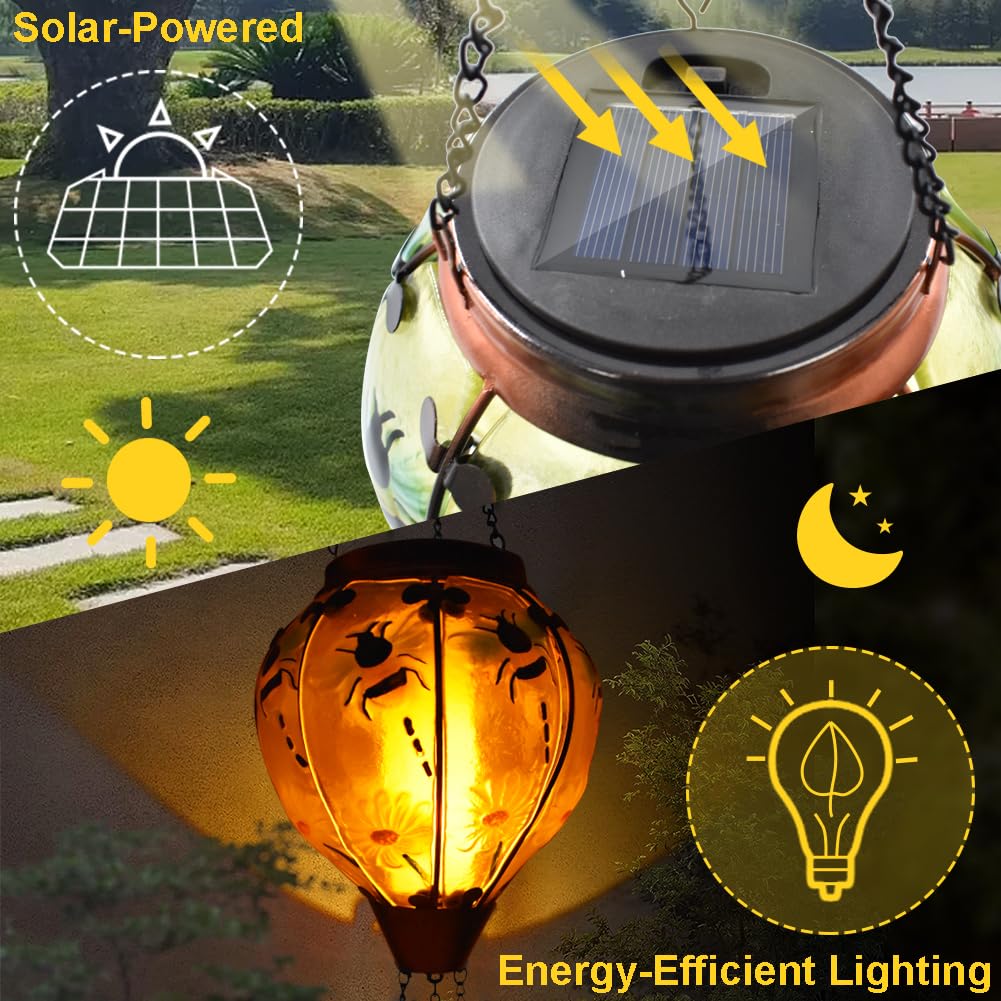 Teyigarden Hot Air Balloon Solar Lantern With Flickering Flame, Glass Hanging Garden Lights Outdoor Waterproof For Tree Yard Pat