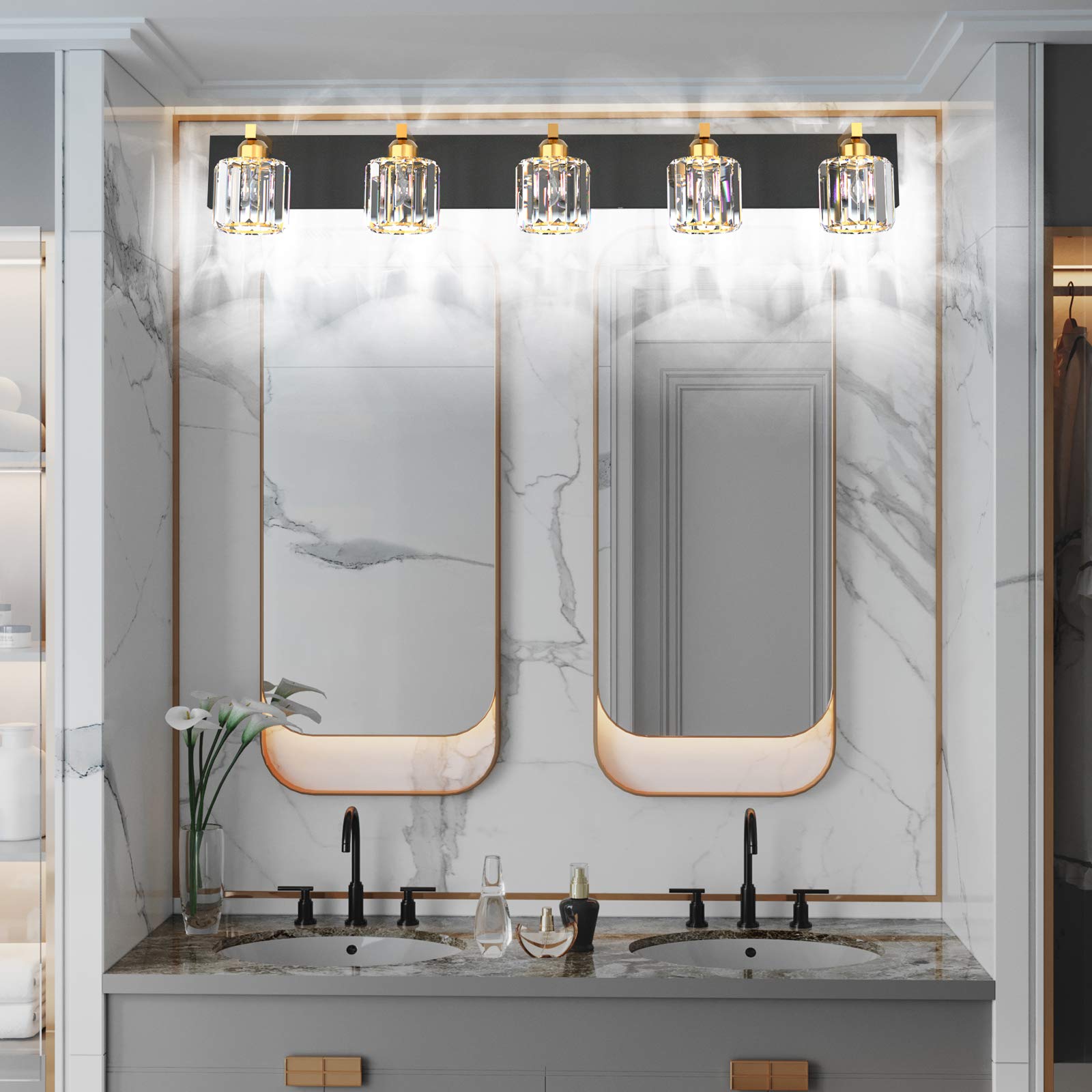 Aipsun Crystal Bathroom Vanity Light 5 Lights 40 Inch Black Gold Aluminum Model 8460