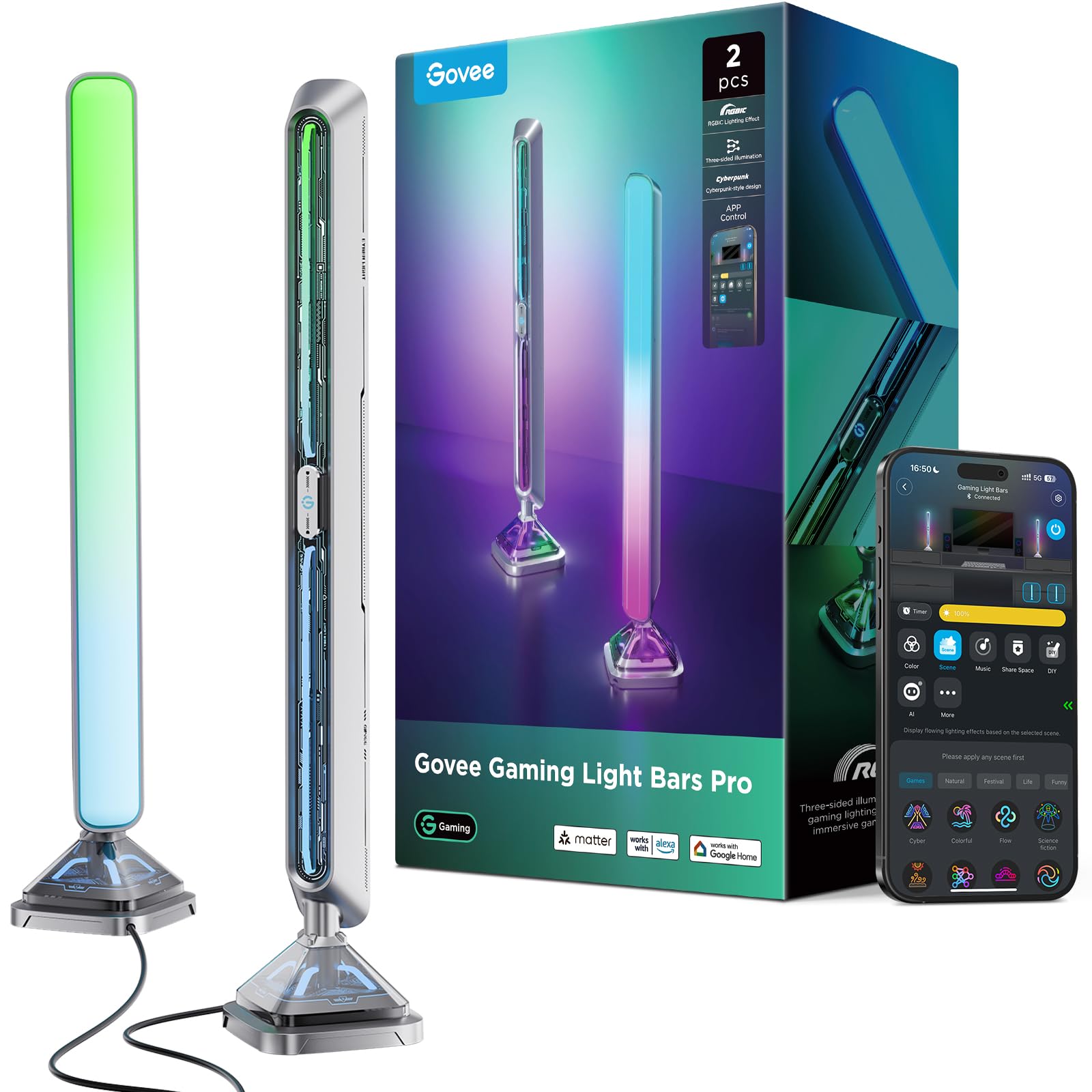 Govee Gaming Light Bars Pro, 16-Inch RGBIC LED Lights, Wi-Fi, Music Sync, Alexa & Google Home Compatible, Gray, Model H6048