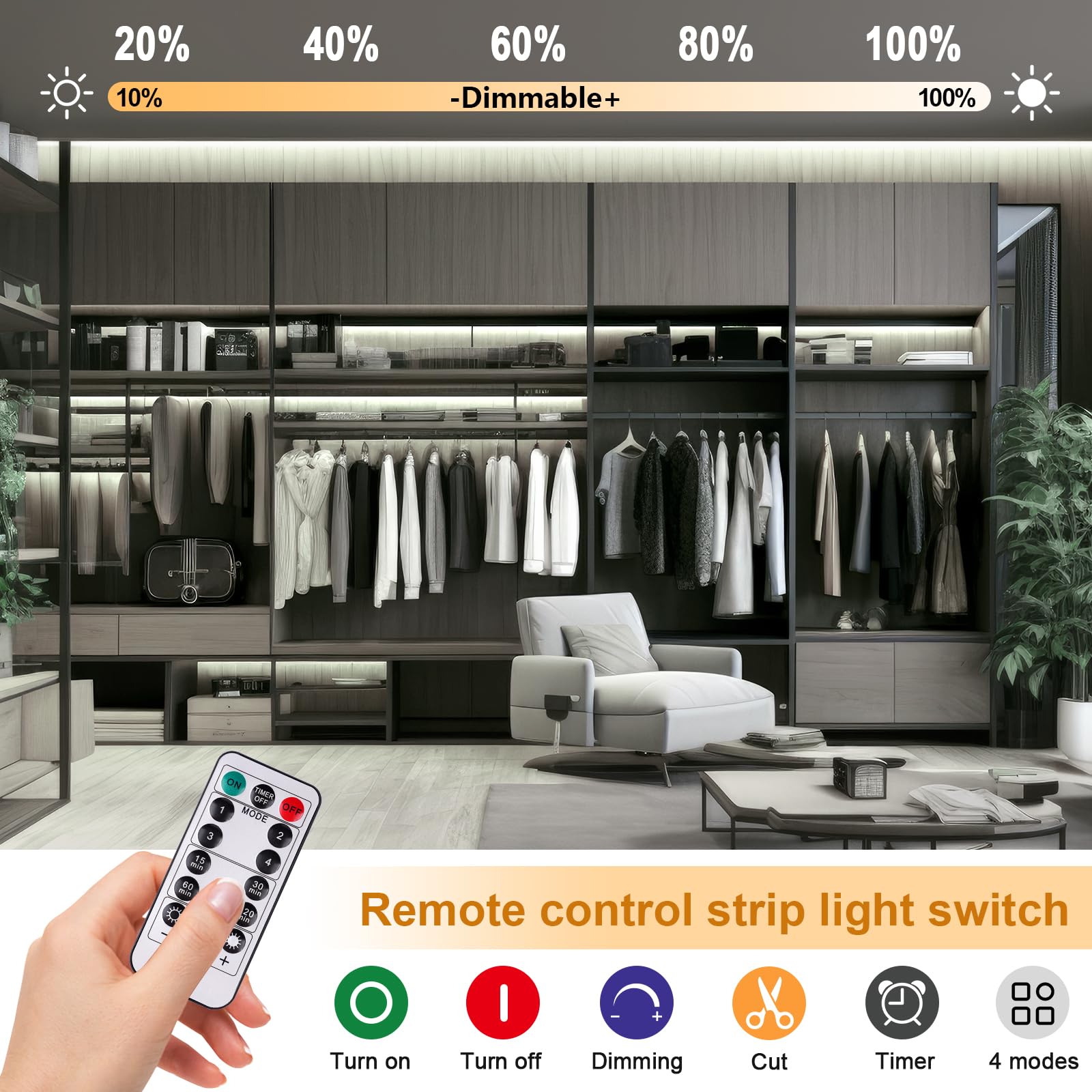OMIKA Battery Operated Light Strip 6.56FT 640LED Cool White USB Dimmable with Remote Control (2 Pack)