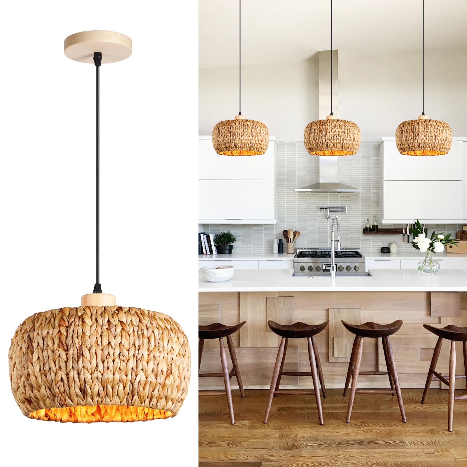 Mgcanyu Boho Pendant Lights Kitchen Island  11.8 Bohemian Rattan Hand-Woven Light Fixture Natural Seagrass Weaving Lighting Hanging Ceiling Chandelier for Restaurants Living Dining Room Farmhouse