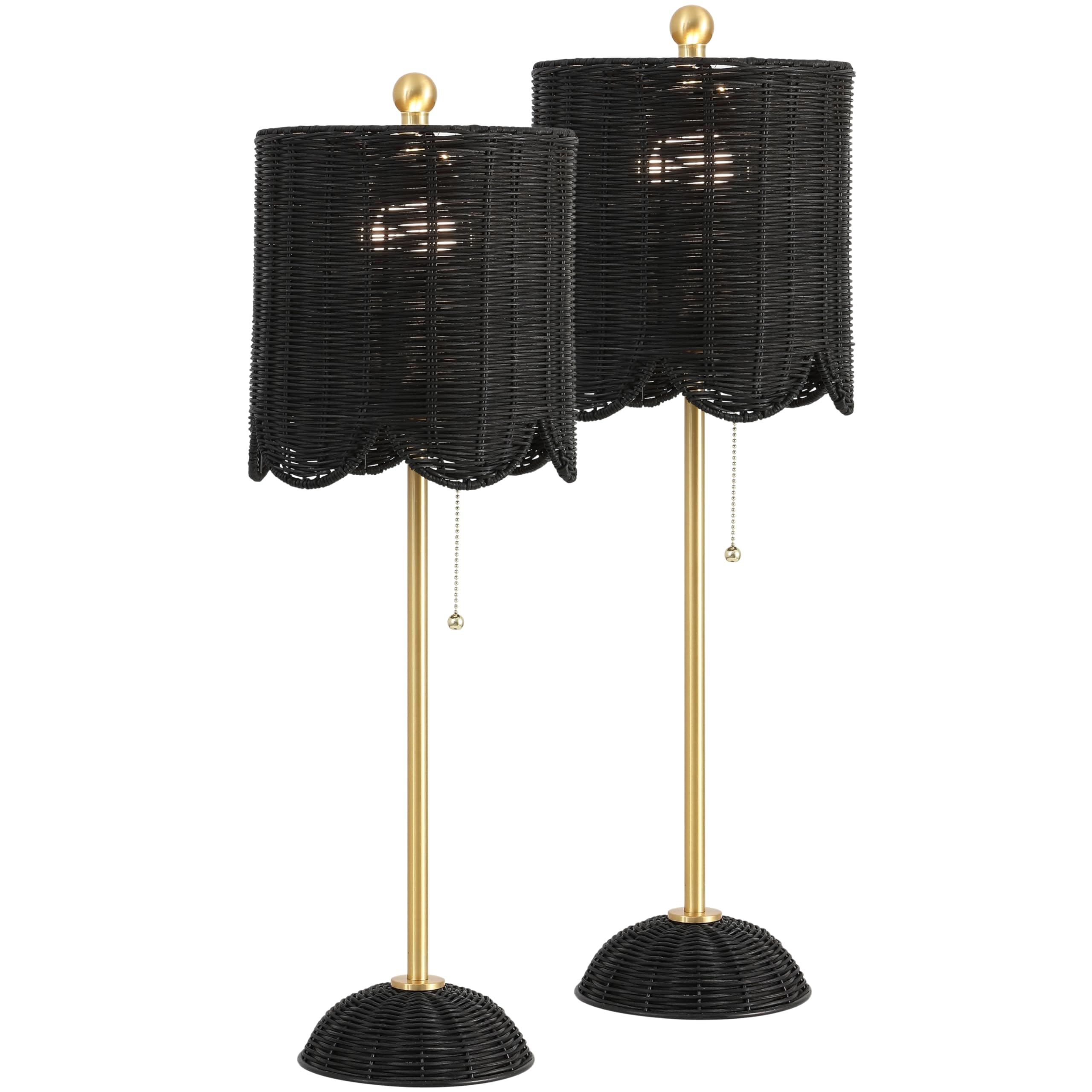 JONATHAN Y 27.5 Black/Brass Gold Coastal Buffet Table Lamp Set of 2 for Bedroom, Boho Table Lamps with Natural Rattan Scalloped 