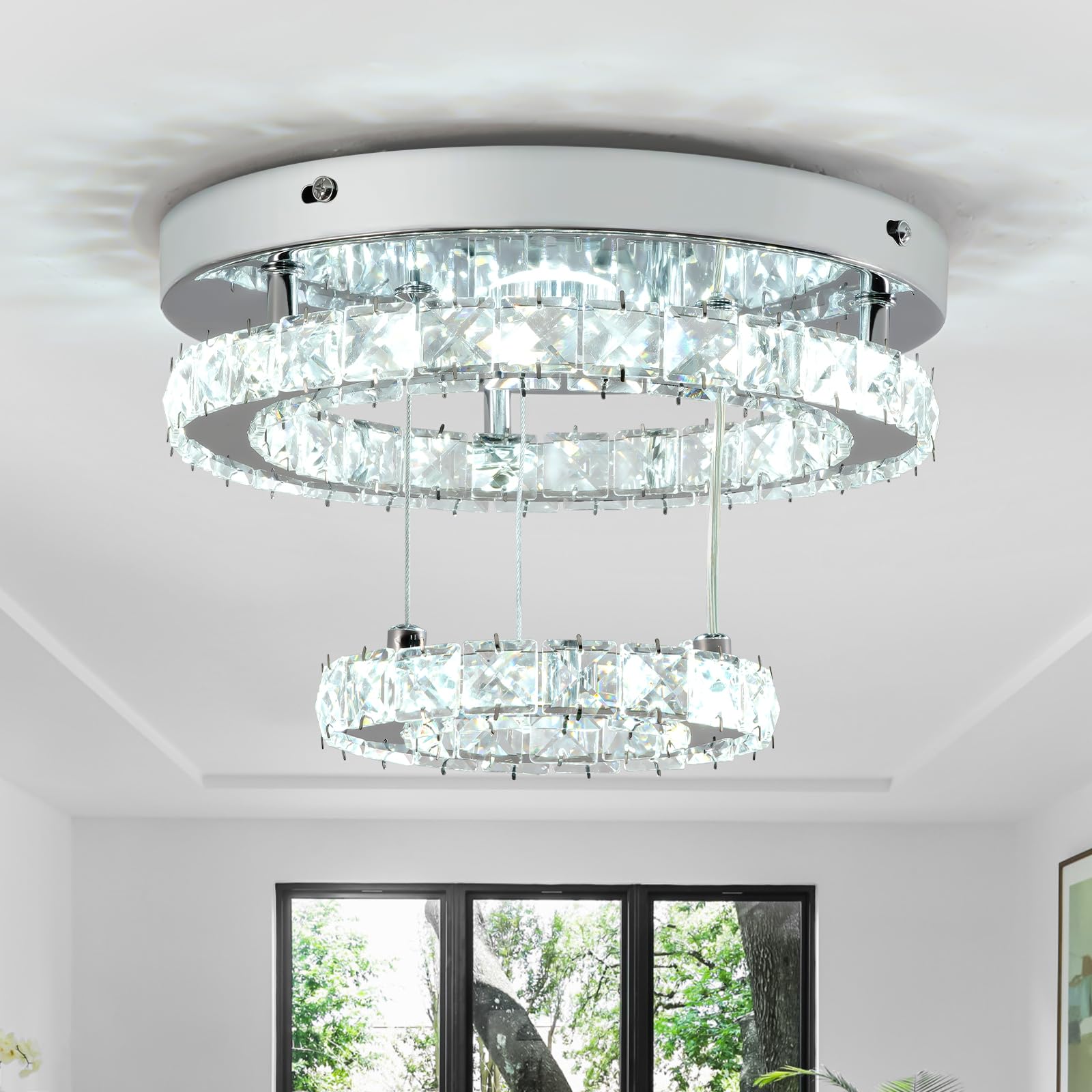 Rheafon Modern Crystal Chandelier 2-Layer Round Crystal Led Ceiling Light Fixture Flush Mount Chandelier Light With Crystals For