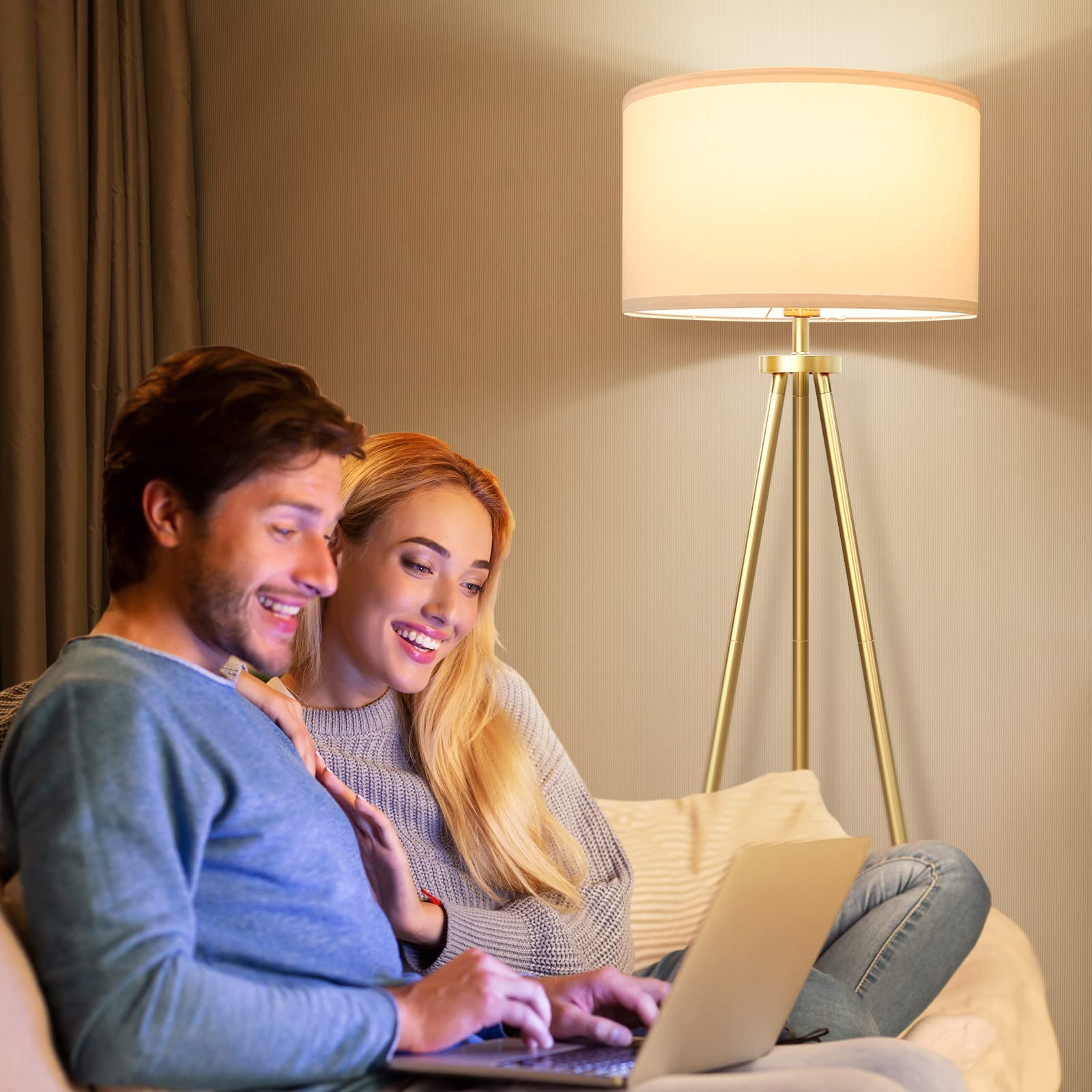 ALLDIO Modern Brass Tripod Floor Lamp with Drum Shade, 9W LED Bulb Included, White Color for Living Room
