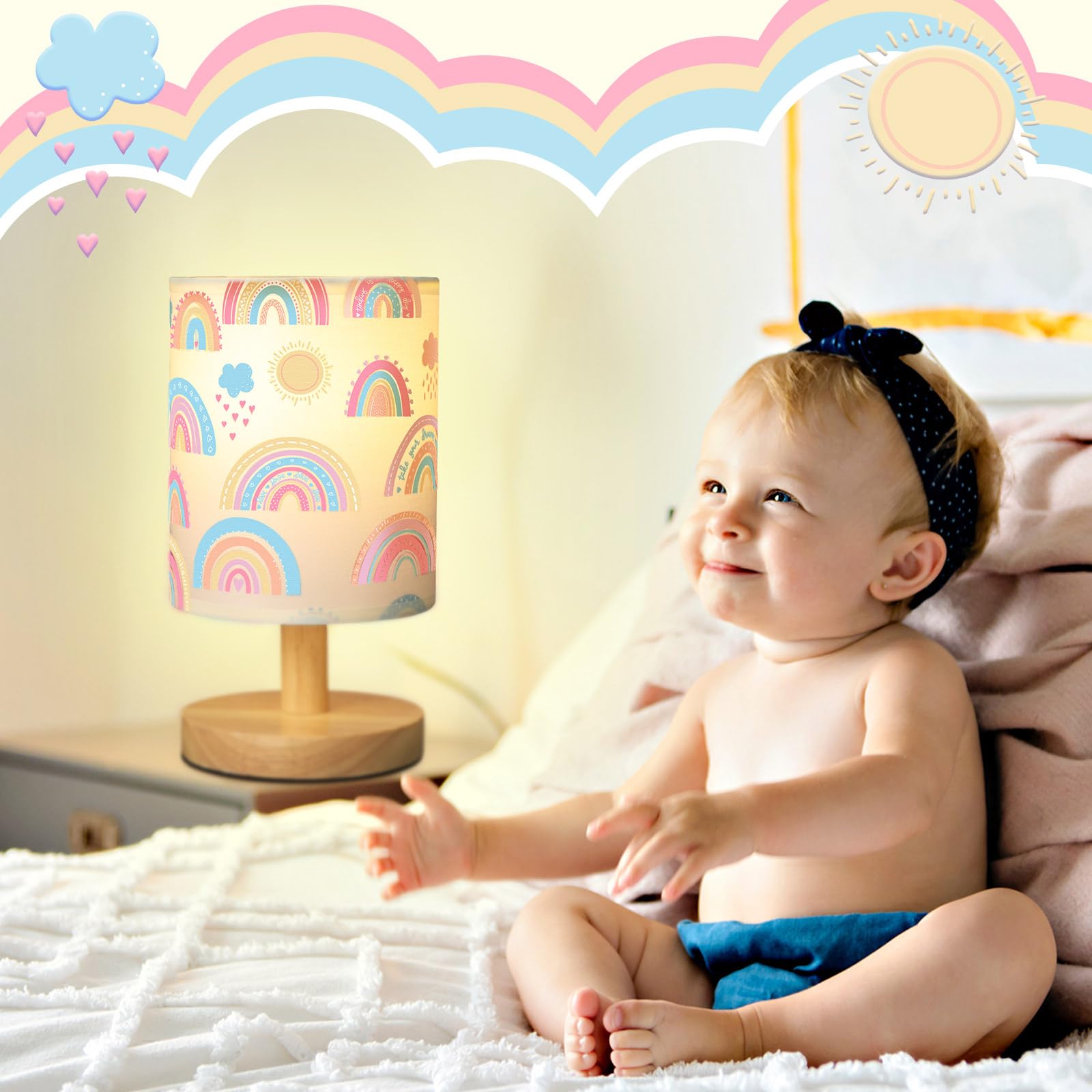 Vihose Rainbow Lamp For Girl Bedside Kids Lamp With Linen Wooden Nightstand Cartoon Nursery Light Lampshade For Girls Boys Livin