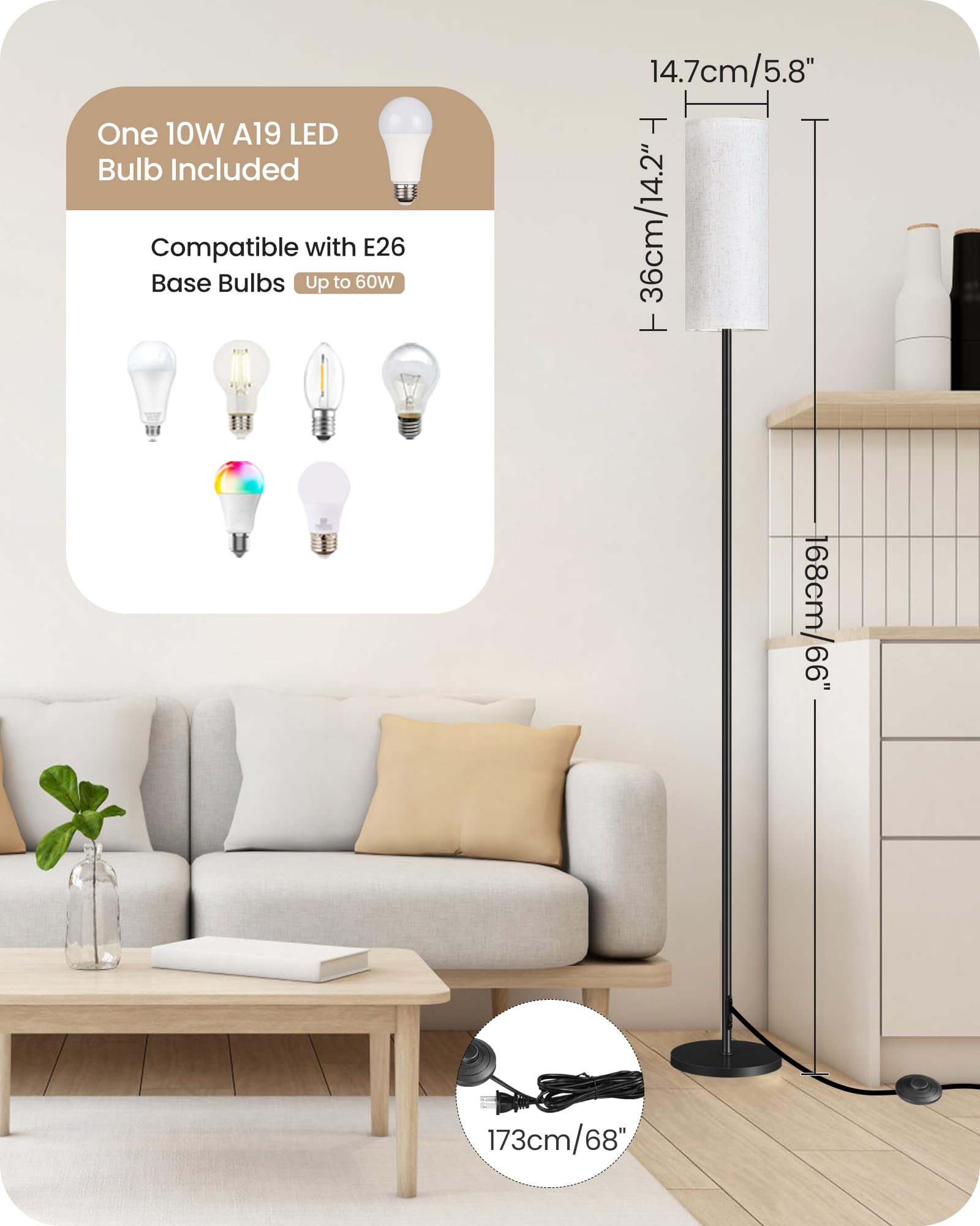 Goebleson Dimmable Floor Lamp With Remote, 66'' Tall Linen Shade, 10W Led For Living Room, Black