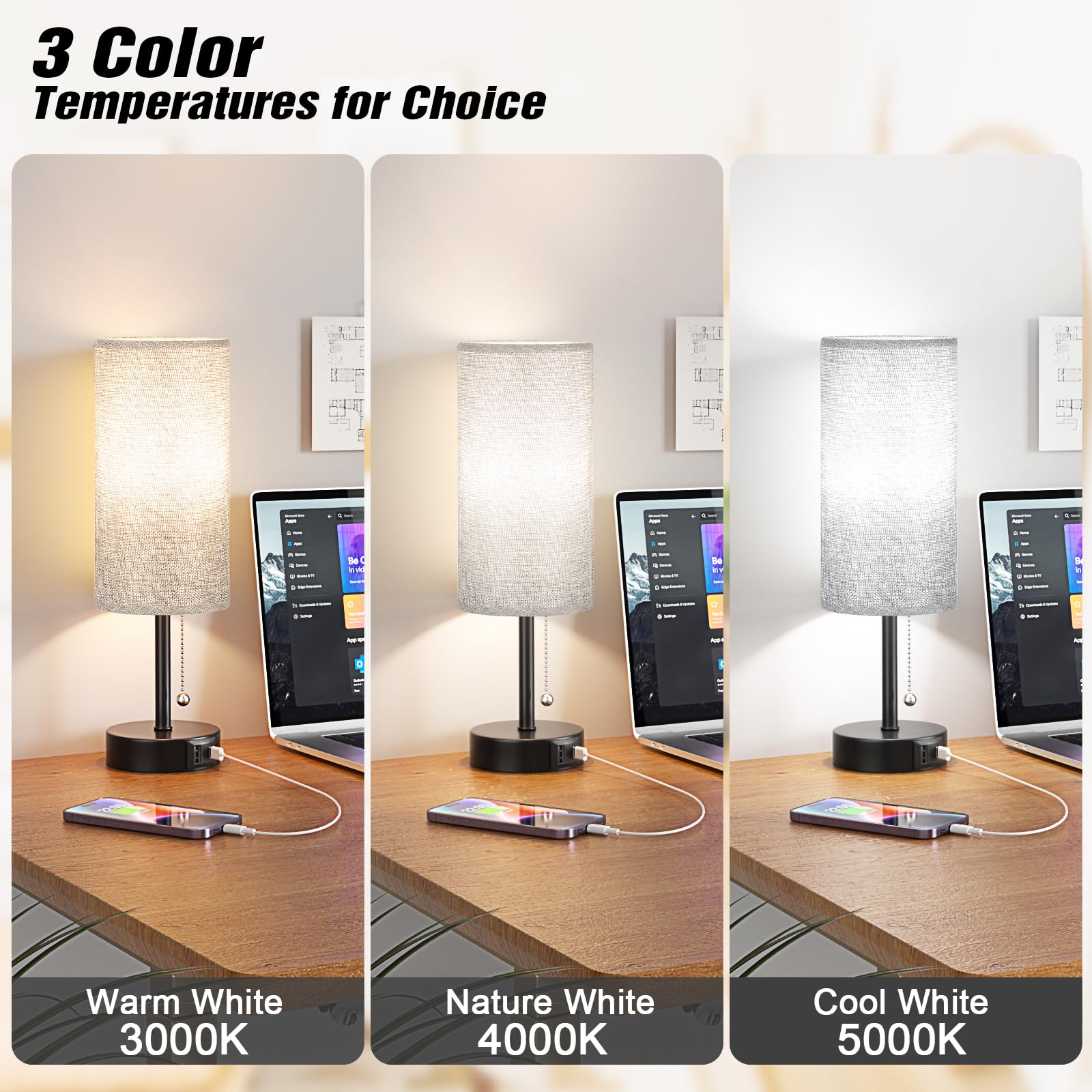 Grey Bedside Lamp For Bedroom Nightstand - Small Table Lamp With Usb A + C Charging Port, 3 Color Temperatures Pull Chain Night