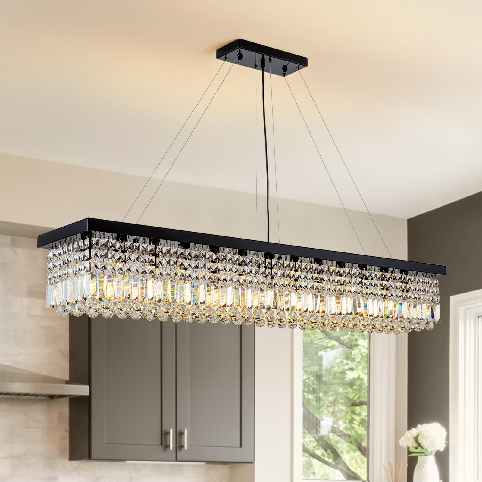 7PM Rectangle K9 Crystal Chandelier  13-Light Modern Dining Room Linear Ceiling Chandelier  Rectangular Pendant Lighting Fixture for Kitchen Island Bedroom  Black Finish L59 x W10 x H9