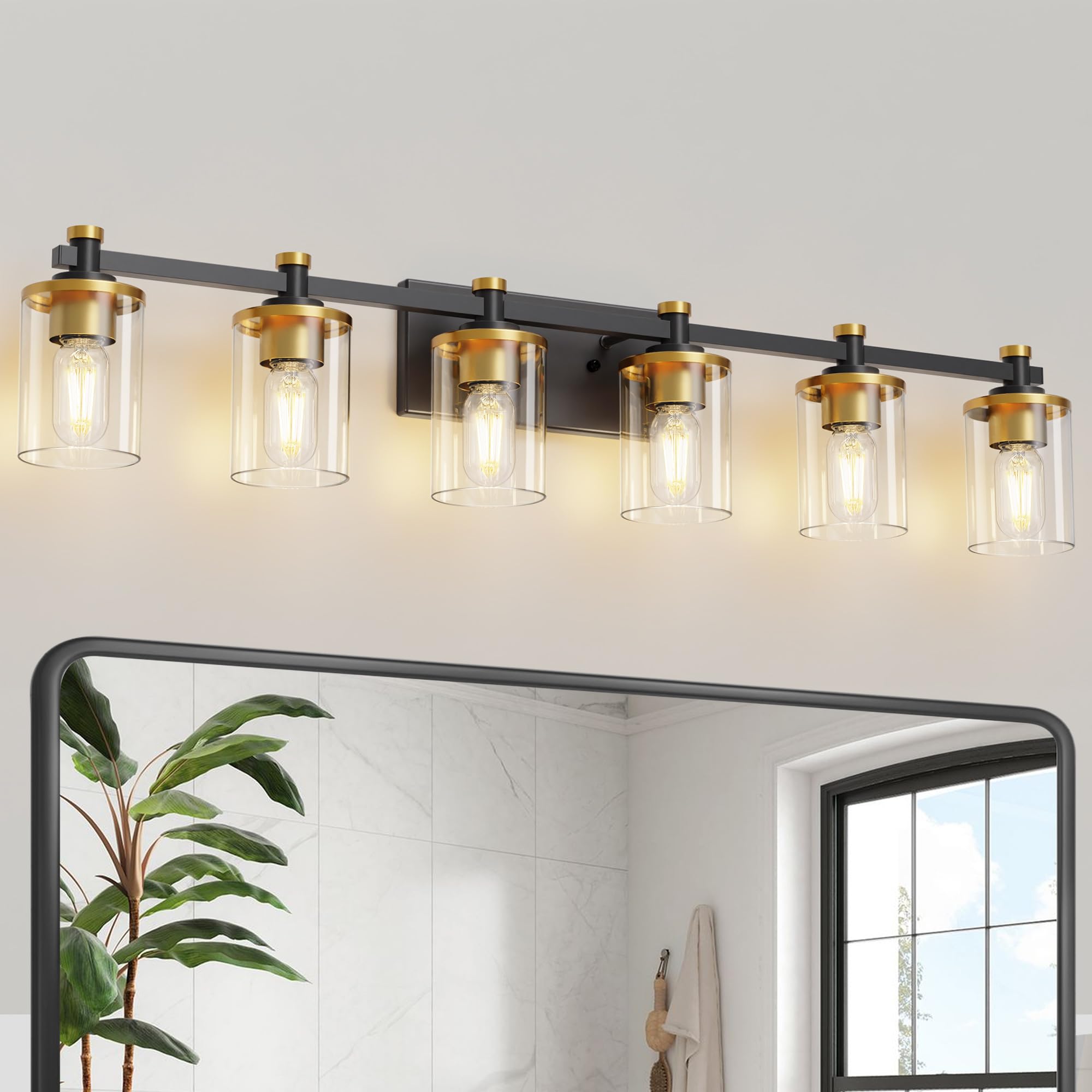 L Lohas Led 6 Light Bathroom Vanity Light  Black And Gold Bathroom Light Fixture Over Mirror  Modern Lighting Fixtures With Clear Glass Shade  Vintage Vanity Lights For Bathroom Mirror Hallway  Etl