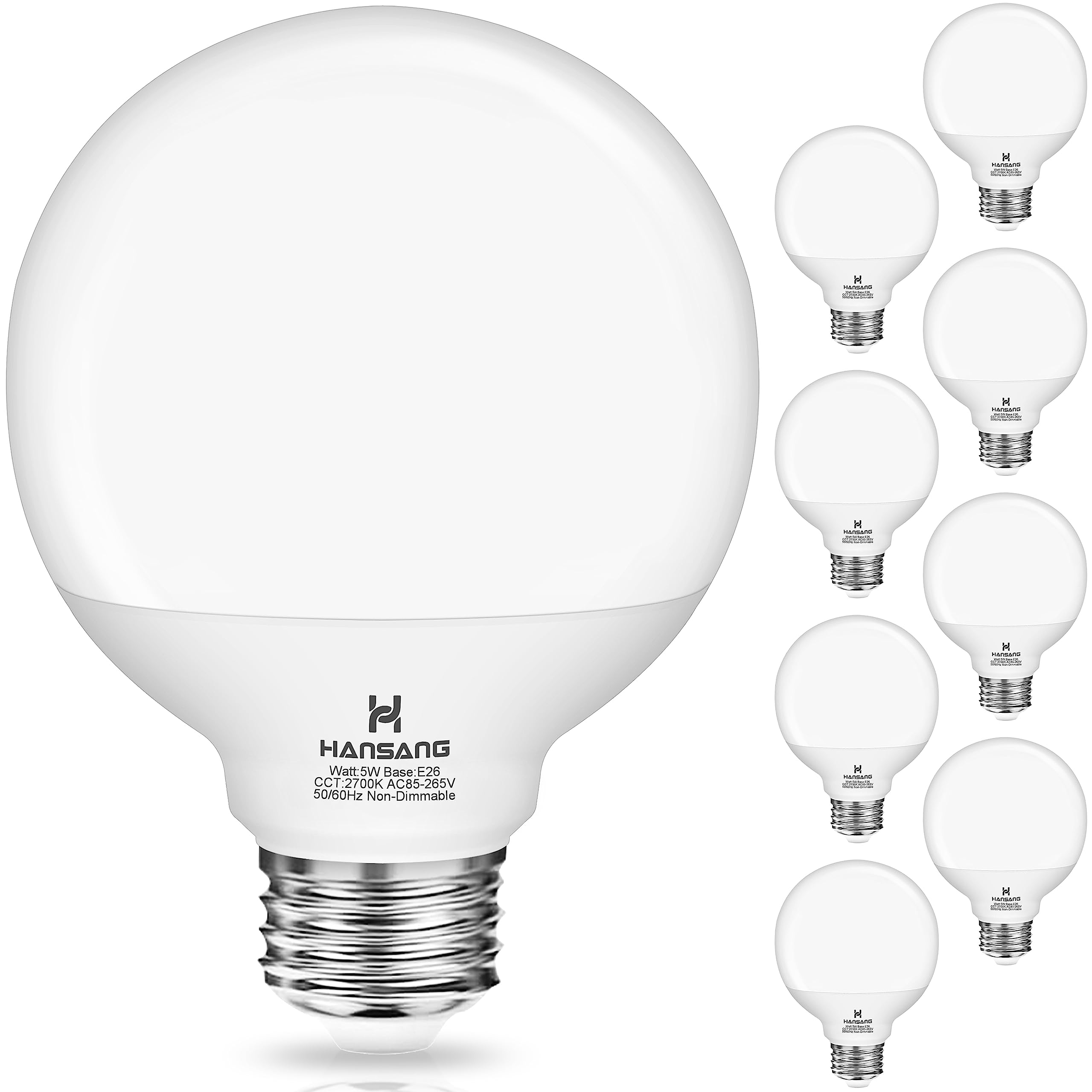 Hansang 8 Pack Vanity Light Bulbs For Bathroom, 2700K Warm White E26 Base Round Led Globe Bulb, 40W Equivalent, G25 Vanity Light