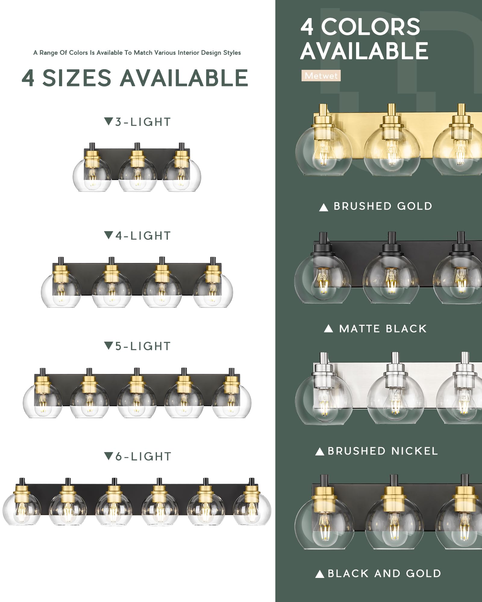 Metwet Bathroom Light Fixtures, 6-Light Black And Gold Bathroom Vanity Light, 38 Inch Modern Wall Sconces With Globe Clear Glass