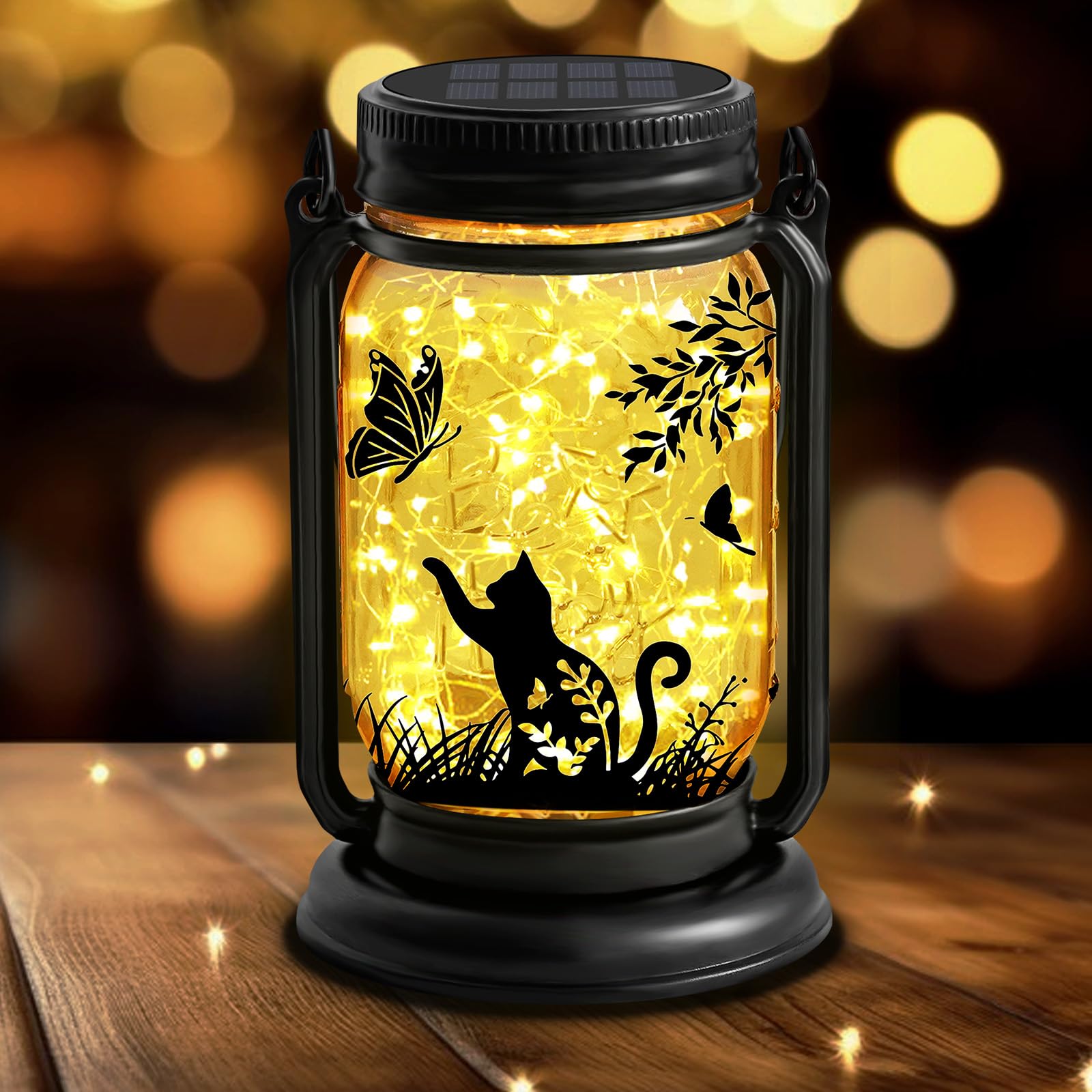 YJFWAL Solar Lanterns for Cats & Butterflies, Waterproof Glass, LED Mason Jar, Brown, Model: Cat fugumeisen-1P