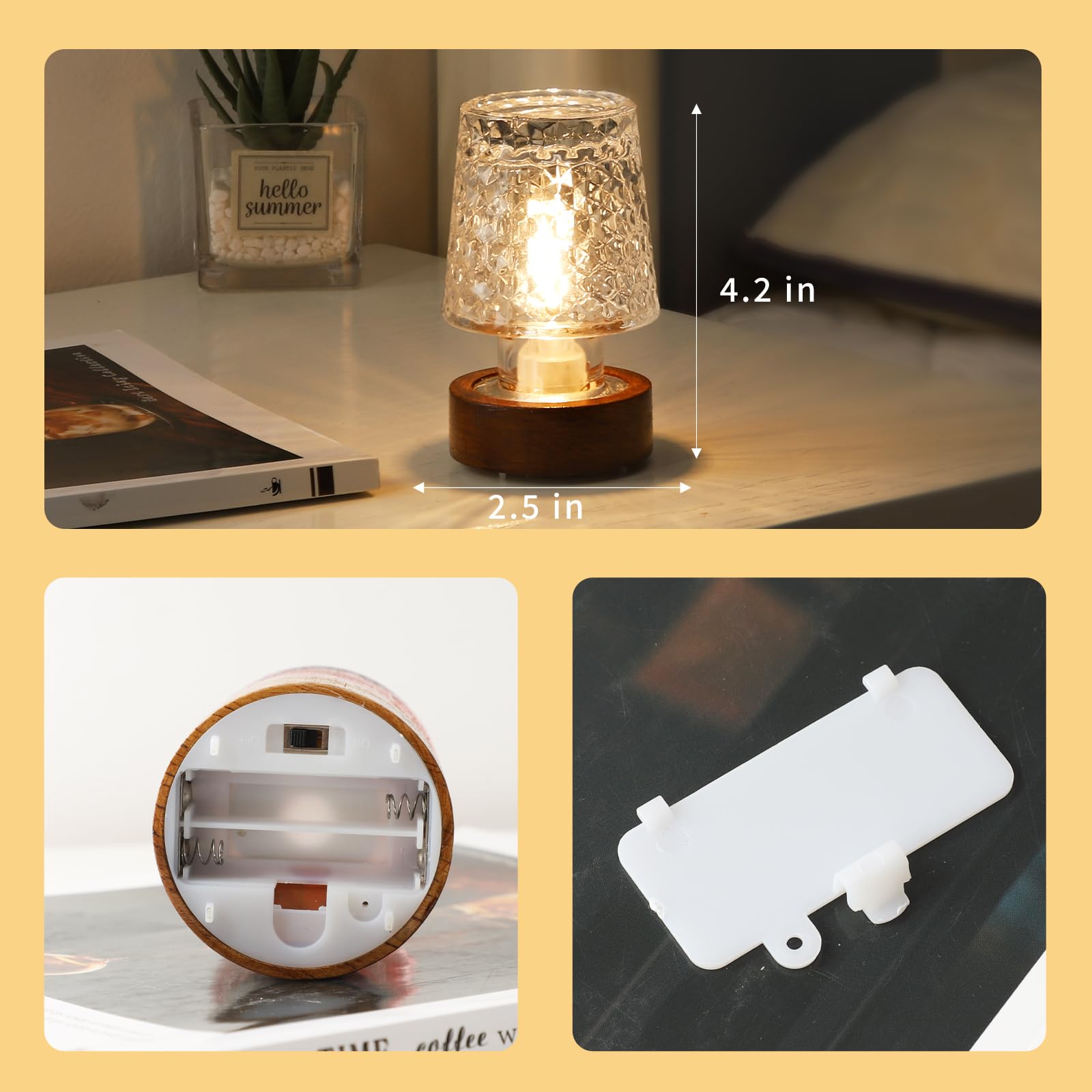 Gzwanhangmy Mini Soft Warm Led Night Light, Battery Operated Portable Glass Lamp With Timer, Art Deco Style, Crystal Color, For