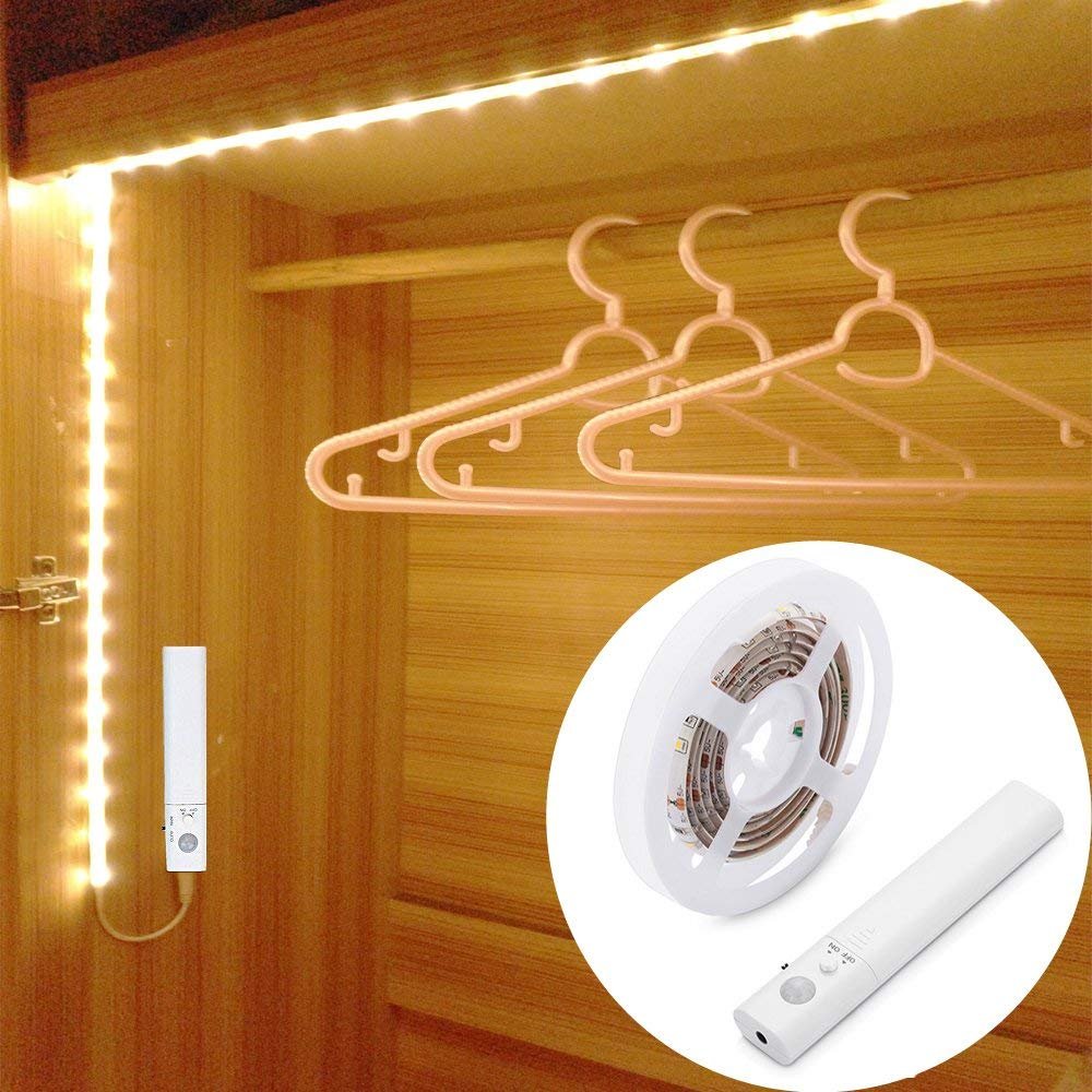 KUCAM Motion Sensor LED Light Band  1M Closet Lights Battery Operated  3000K Warm White for Under Cabinet Kitchen Lights  Cupboard  Counter  Stairs Wardrobe  Under Bed Night Lighting