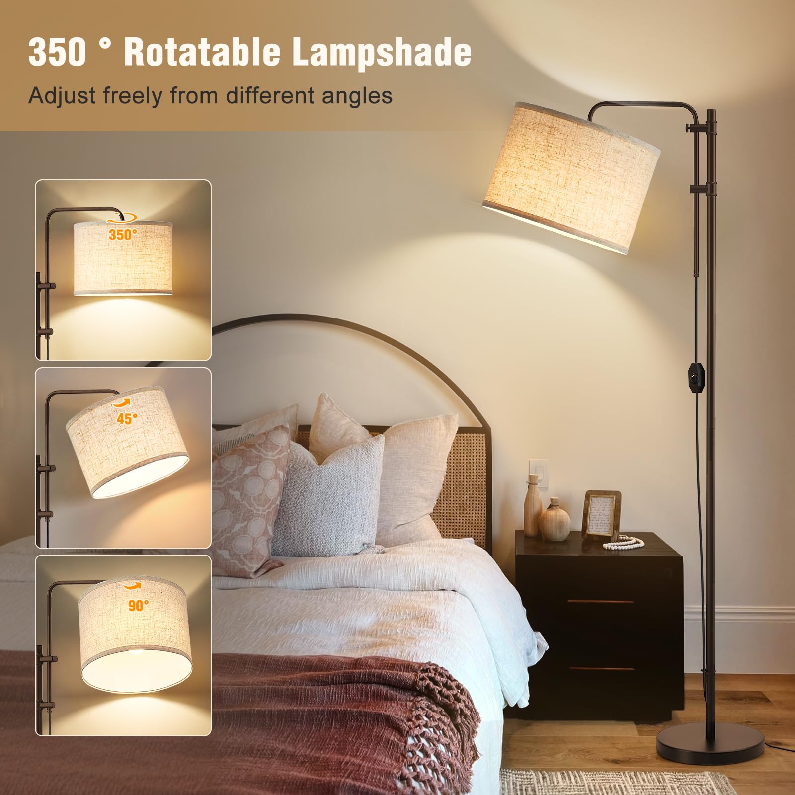 Floor Lamp For Living Room, Adjustable Height Standing Lamps With 350 Rotate Linen Lampshade, 67.5-Inch Brown Modern Tall Lamp D