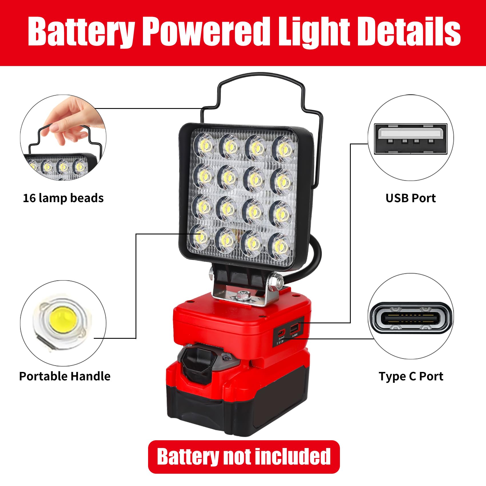 Fiihio Portable Led Work Light Compatible With Craftsman V20 Battery  48W 4200Lm Cordless Flood Light With Usb & Type-C Ports  Low Voltage Protection  For Job Site Lighting  Camping (No Battery)