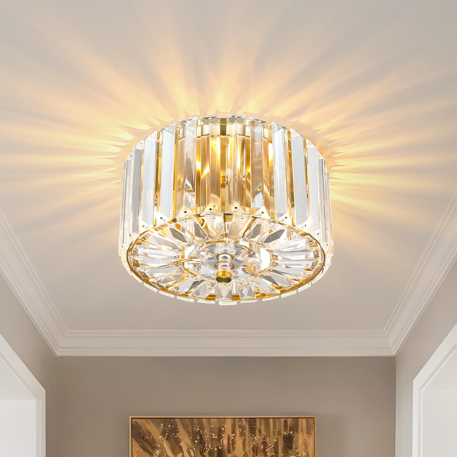 Pasentel 8.89 Small Crystal Ceiling Light  Modern Semi Flush Mount Ceiling Lighting Fixture  Gold Crystal Mini Chandelier For Hallway  Kitchen Entryway Laundry Room  2-Light  Xdd007-1-G