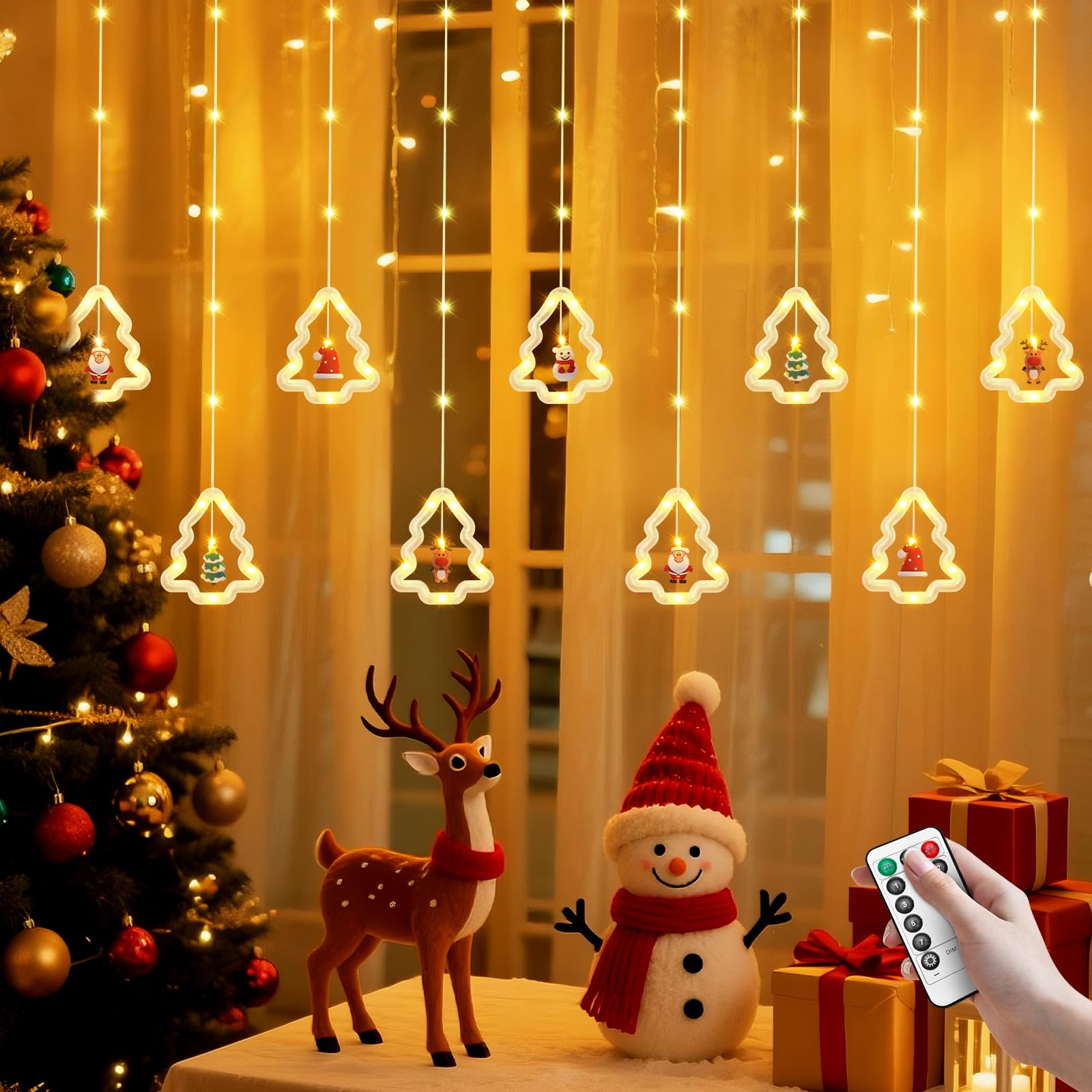BomKra Christmas Tree Curtain Lights, Christmas Window Lights Decor with Remote,8 Lighting Modes, IP65 Waterproof, 10 Hooks Chri