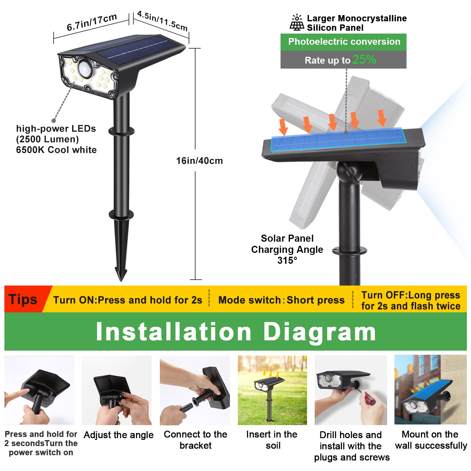 Daoneg Bright Solar Spot Lights, Waterproof Led Outdoor Motion Sensor, 3 Modes, 2 Pack
